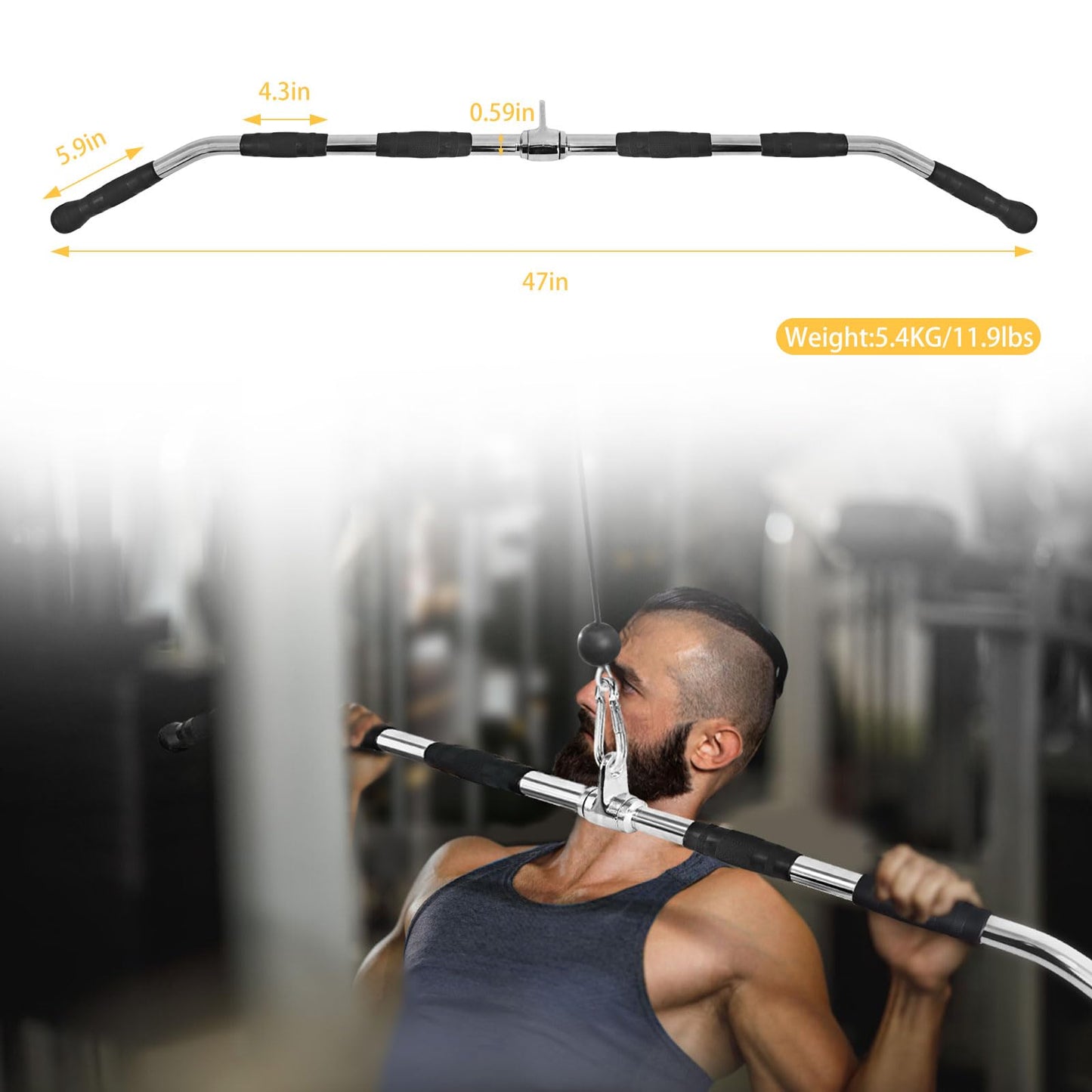 plzzree 47in LAT Pulldown Bar Attachment with Heavy Duty Solid Curl Bar, Full Rotation and Rubber Handle Strength Workout for Gym Home Pulley System Cable Attachments