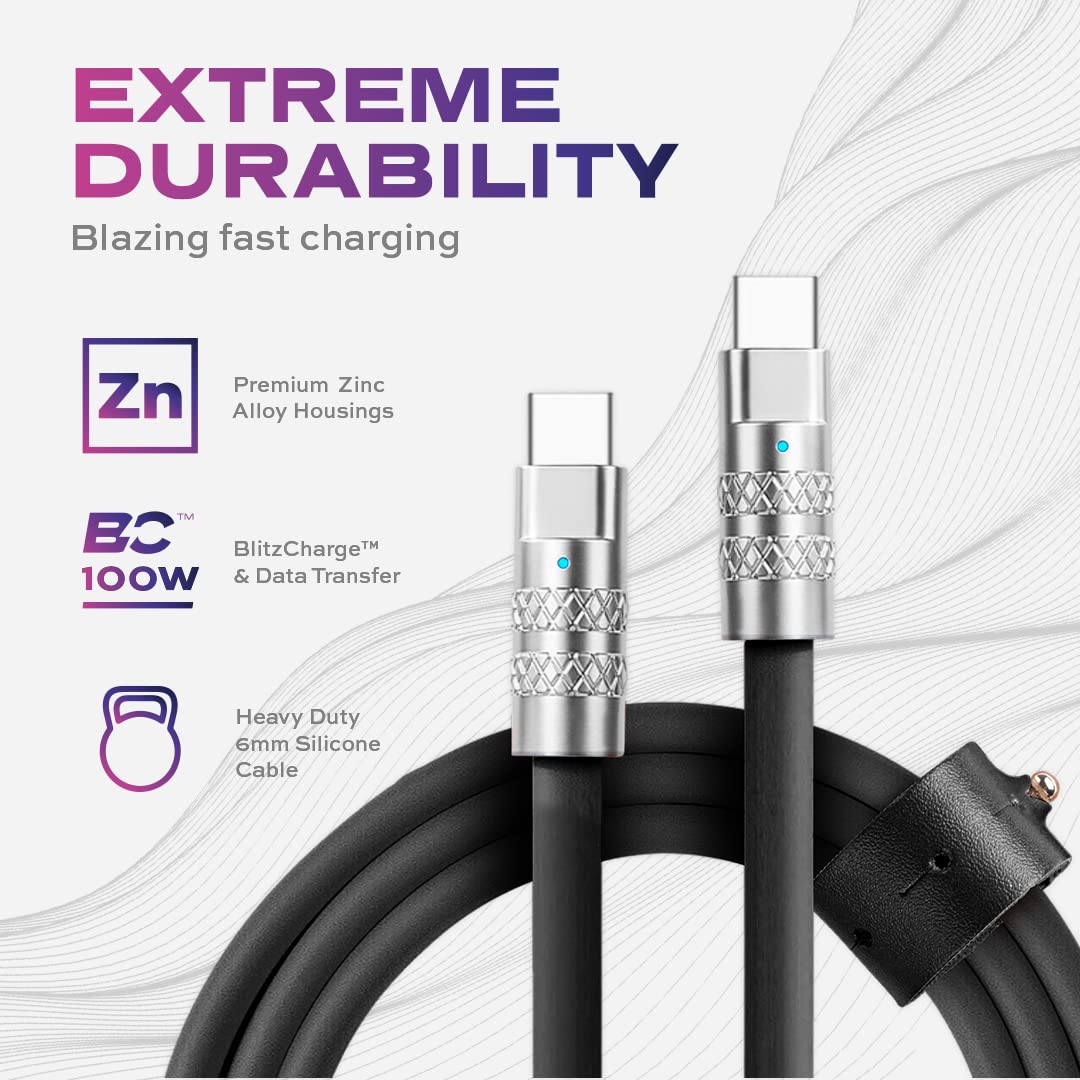 100W 6FT/2M, 3-Pack Statik TsumoCharge USB C to USB C Fast Charging Cable - Heavy-Duty Unbreakable Silicone, Supports
