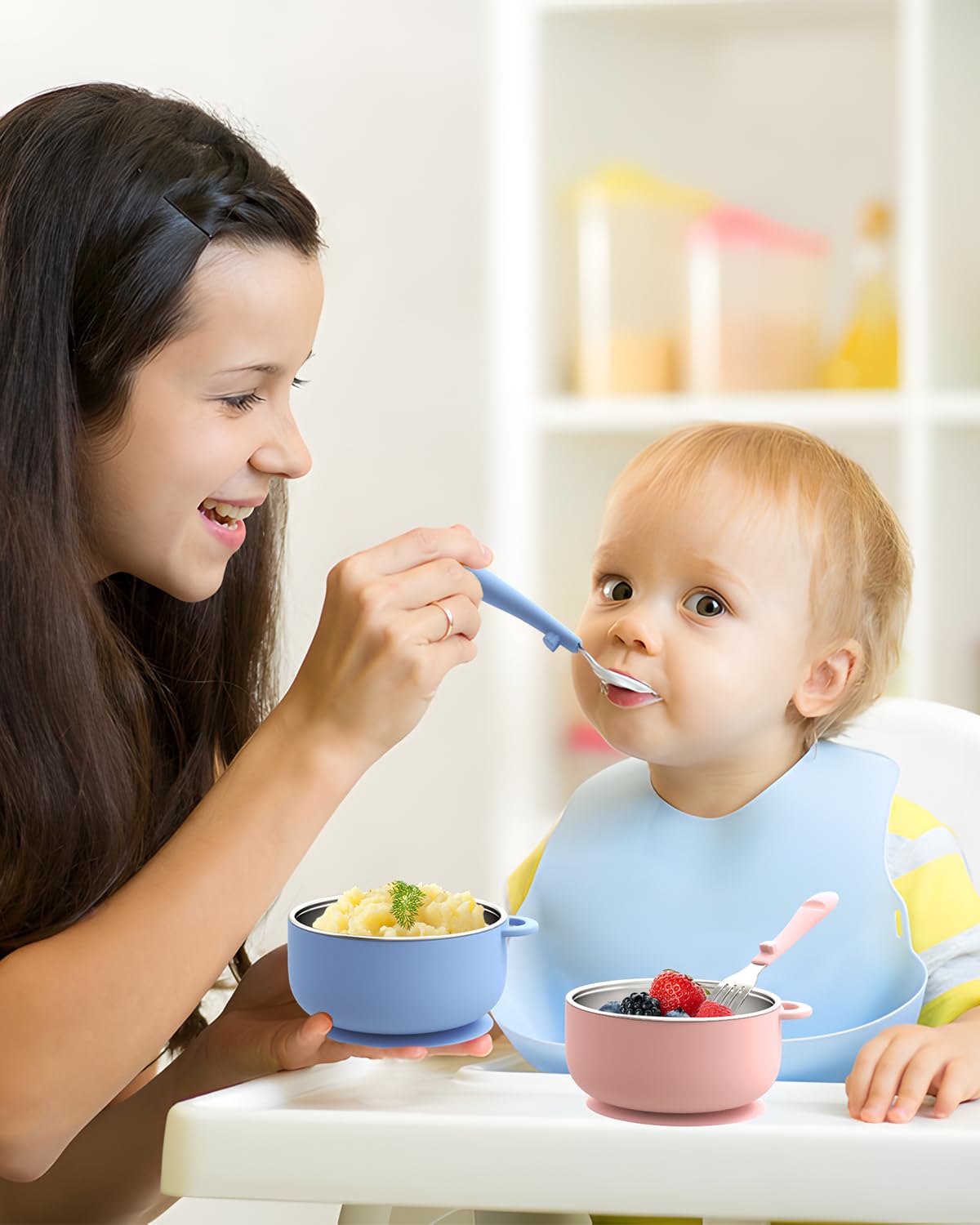 Bakpoco Toddler Feeding Suction Bowls and Utensils Set, 2-in-1 Stainless Steel 304 Kids Bowl & Silicone Suction Baby Bowl with Spoons and Forks, First Self-feeding Training Set, Sunrise Meadow