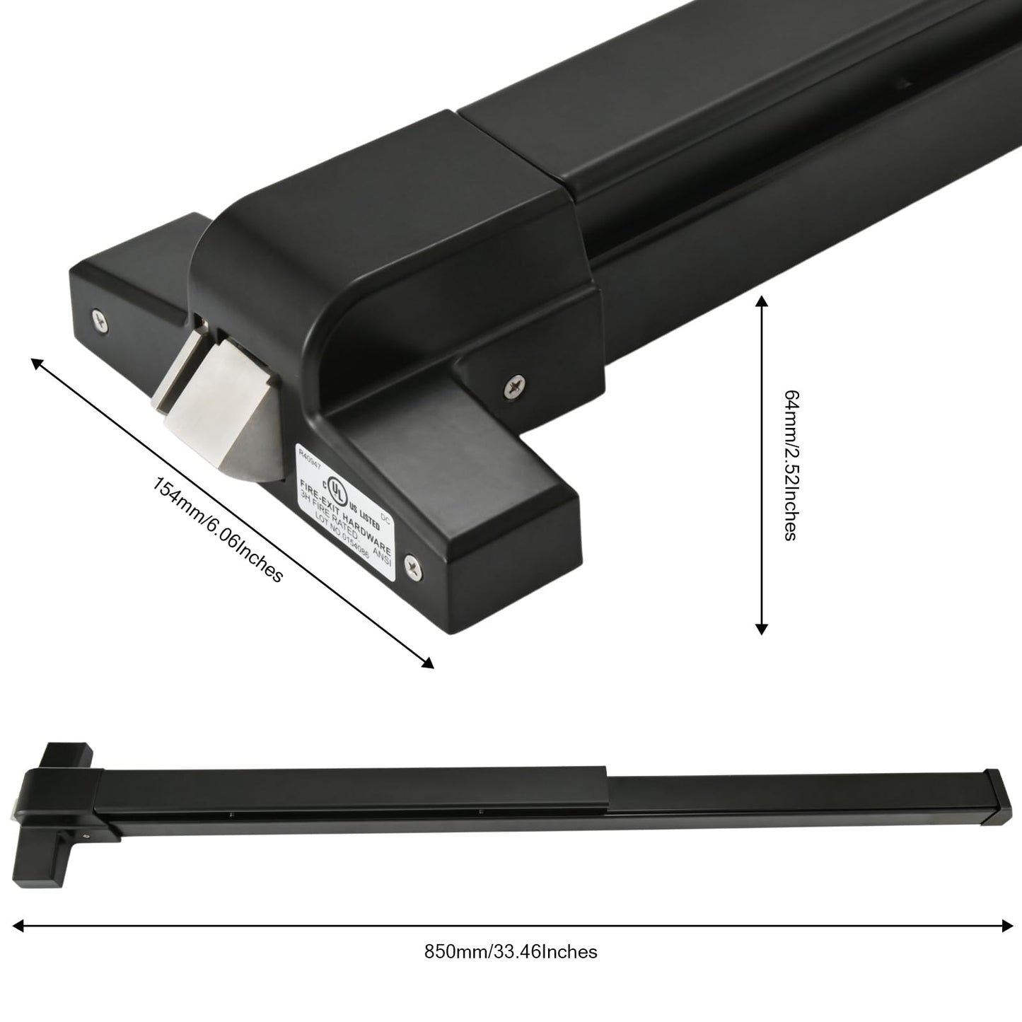33.5" Panic Bar Exit Device with Exterior Lever Lock & Key Set, Commercial Push Bar Door Lock with Roller Strike Plate & End Caps, UL10C & ANSI Grade 1 Certified Emergency Exit Hardware