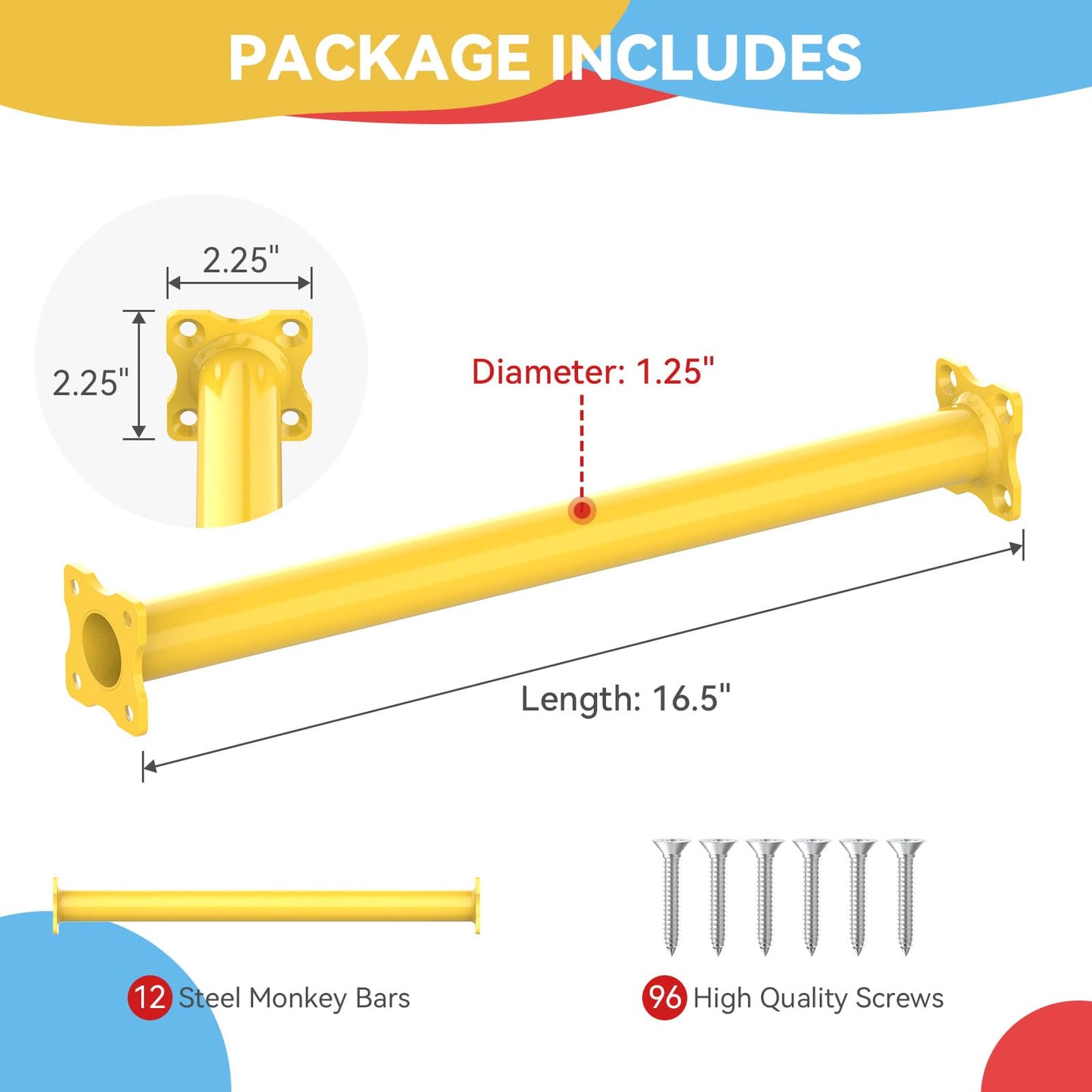 SUNSHINE FARMRE 16.5 Inch Monkey Bars Kit Playground Monkey Bar Ladder Rungs for Backyard Indoor Outdoor Metal Monkey Bars Swing Set Playset Accessories (Yellow, 12 Pcs)
