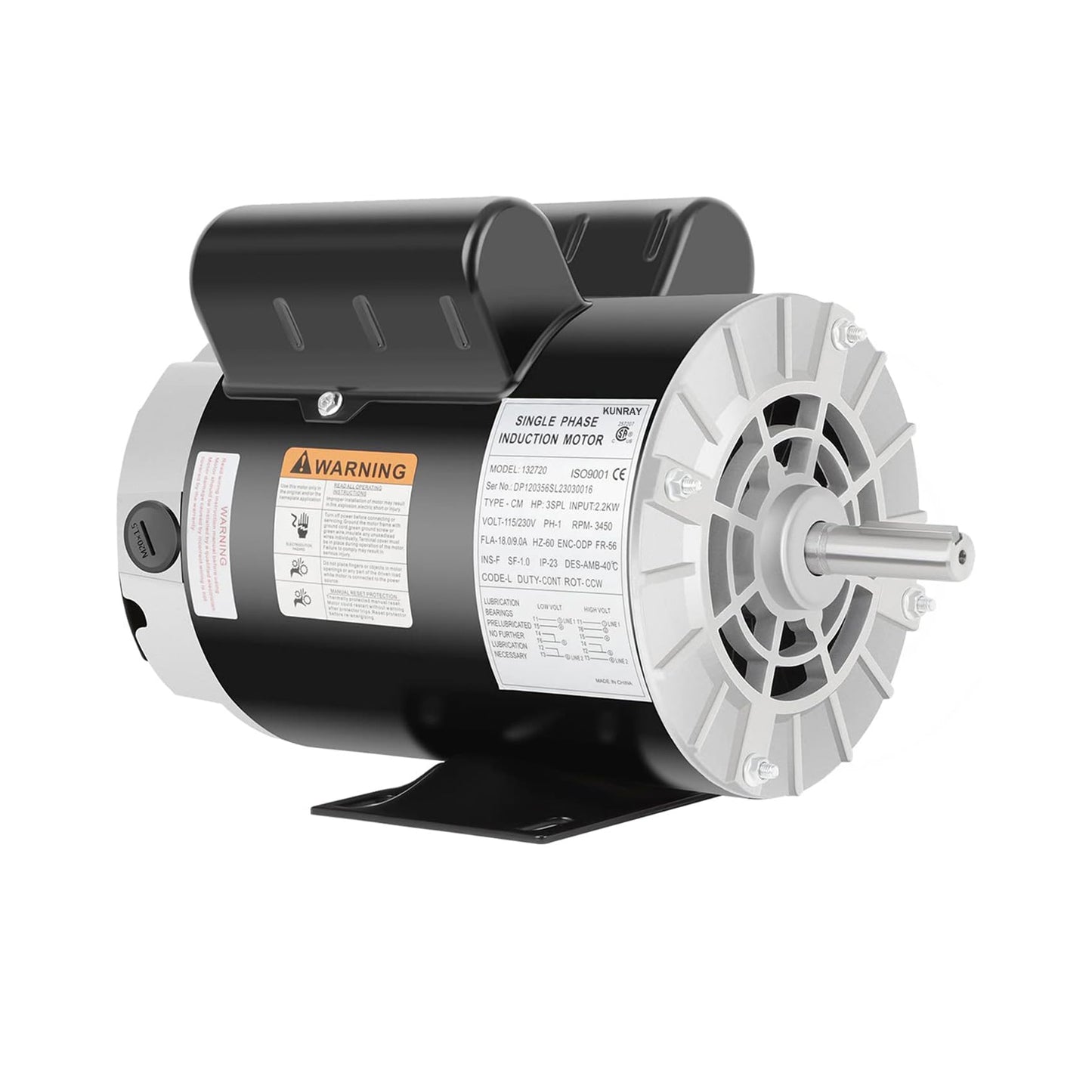 Kunray Air Compressor Motor, 3HP SPL Electric Motor, 56 Frame 3450 RPM,115/230V,18/9Amps Single Phase Motor, 5/8" Keyed Shaft, 1.88" Shaft Length 60 HZ,CCW Rotation