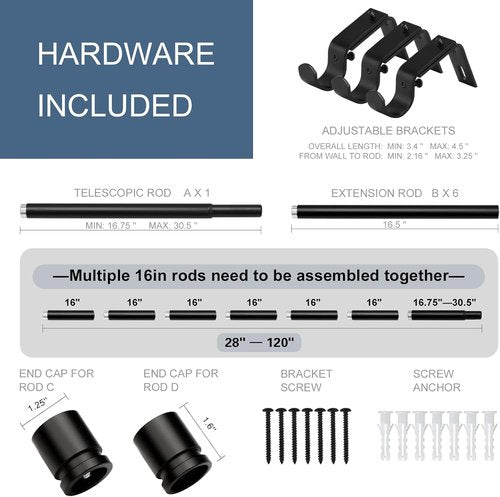 Byondeth Adjustable Heavy-Duty Curtain Rods - 28 to 120 Inches | 1 Inch Diameter, Black Finish for Windows