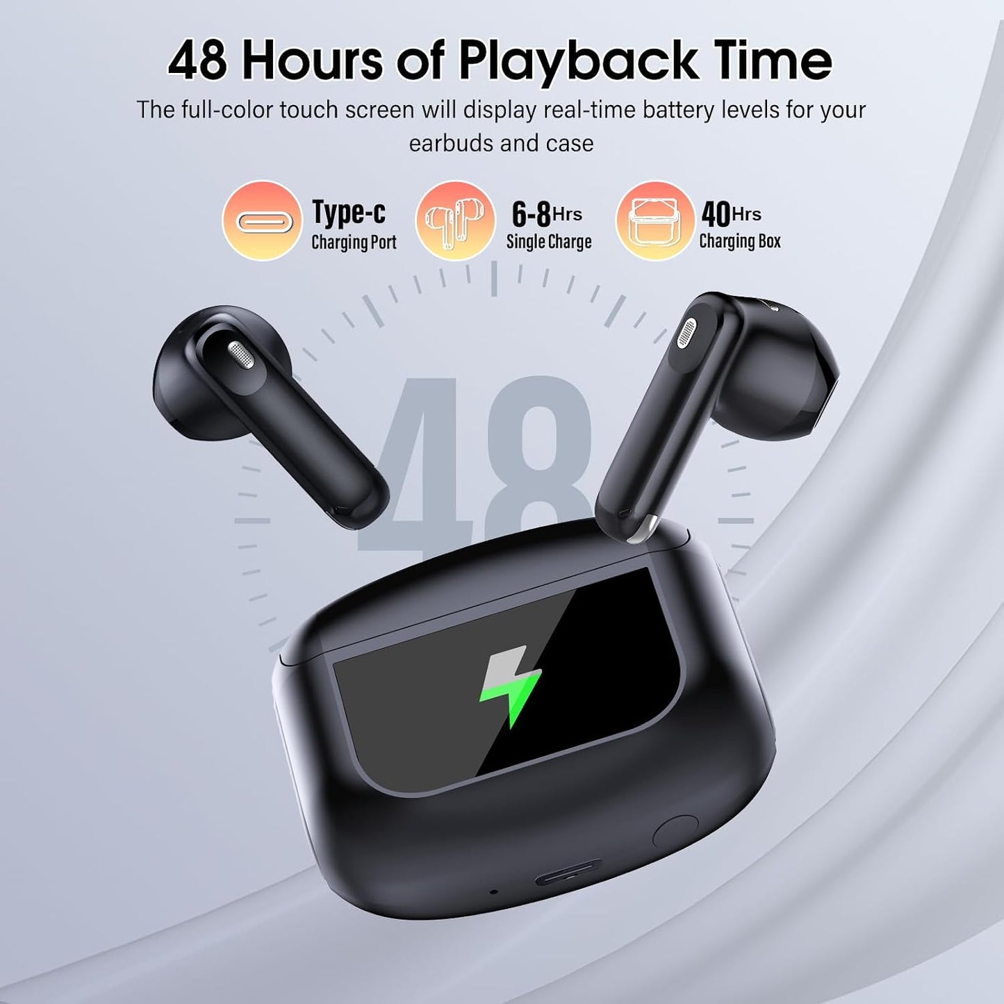 5.4 48H Mic/5 IPX7 Wireless Earbuds, Bluetooth Headphones with Multifunctional Touch Screen, Hi-Fi Stereo Ear Buds