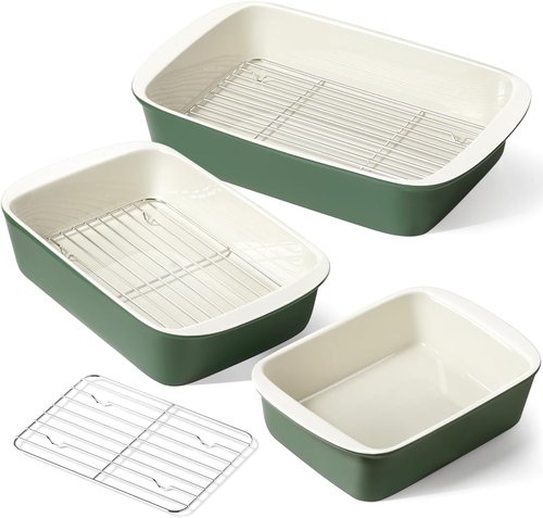 LE TAUCI Deep Casserole Dishes - Large Ceramic Baking Dish Set with Roasting Racks | Forest Green, 3-Piece Set (4.6QT/3.0QT/1.6QT)