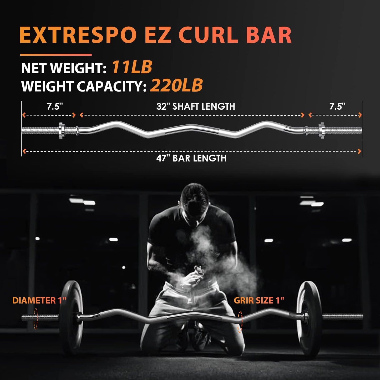 ExtreSpo 47" EZ Curl Bar Weight Lifting Bar, for Hip Thrusts/Squats/Lunges, 1-inch Weight Plates Curling Bar for Gym and Home, with 2 Star Collars (220lb Weight Capacity)…