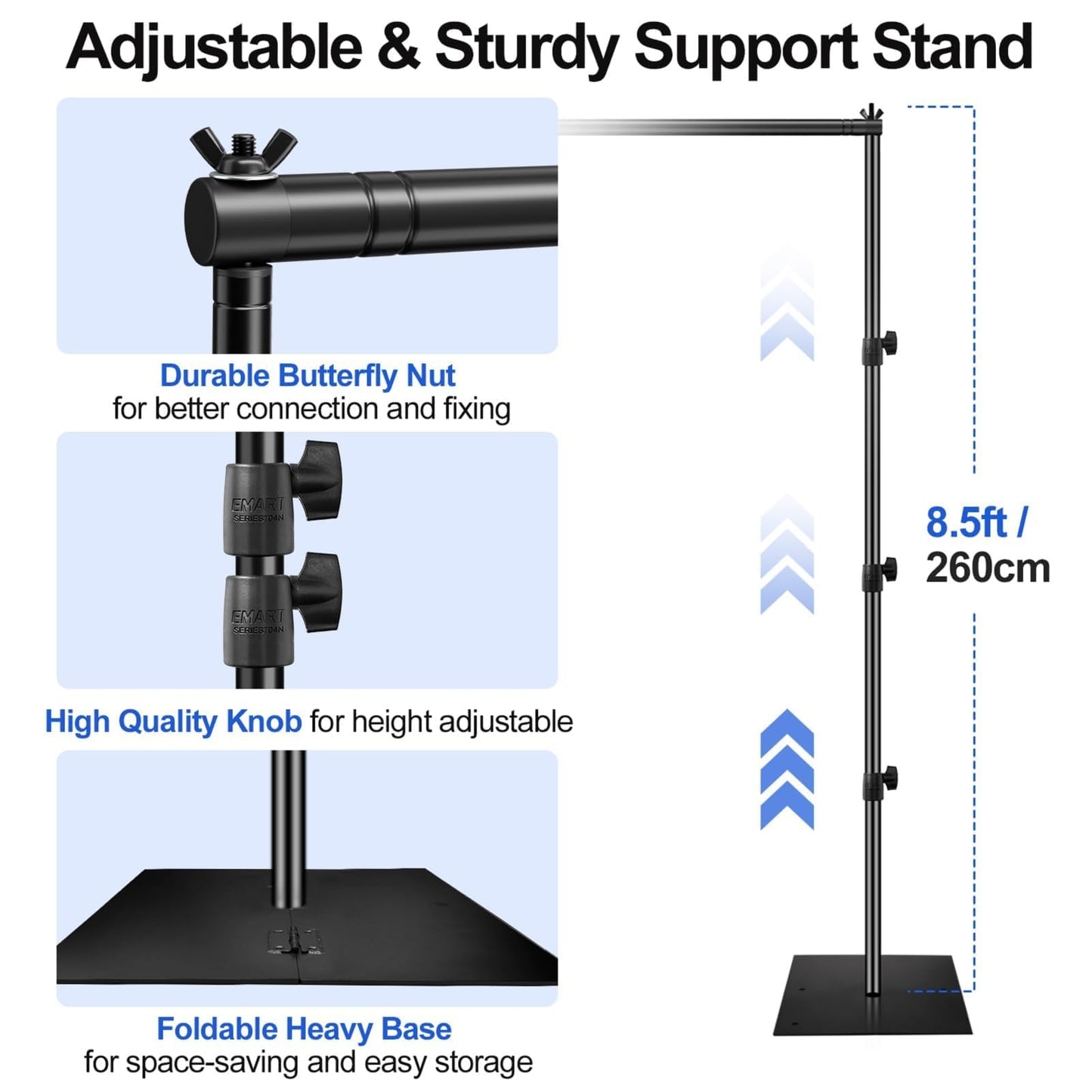 EMART Backdrop Stand, 10x10ft Width Adjustable Photography Background Support Poles with Heavy Duty Flat Base, Photo Metal Steel Pipe and Drape Frame Kit for Parties Birthday Wedding - Black