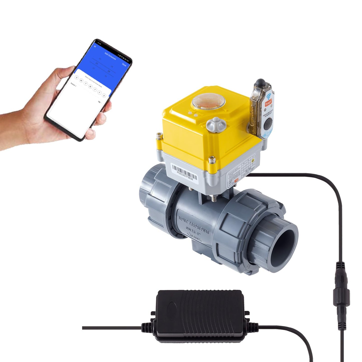 Smart electric valve, TUYA-WIFI-APP control, 1.5-inch PVC electric ball valve full bore, 2-wire automatic reset, normally closed, DC24V actuator/AC110V-230V power adapter, suitable for water systems