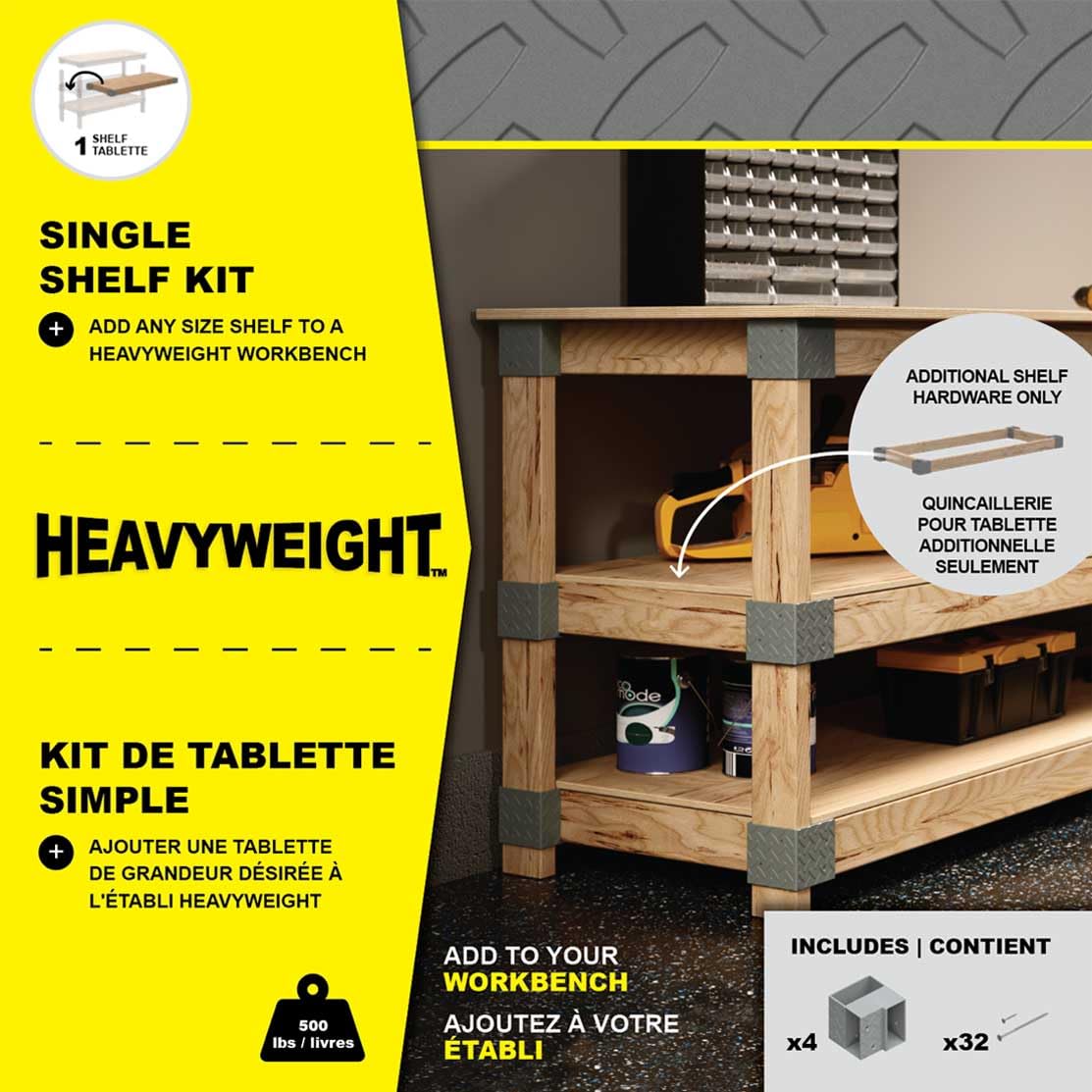 Heavyweight DIY Workbench Hardware Kit, 24 in W x 48 in D, 500 lb Capacity, Easy 90 Cuts, Lumber Not Included, Gray Plastic Brackets