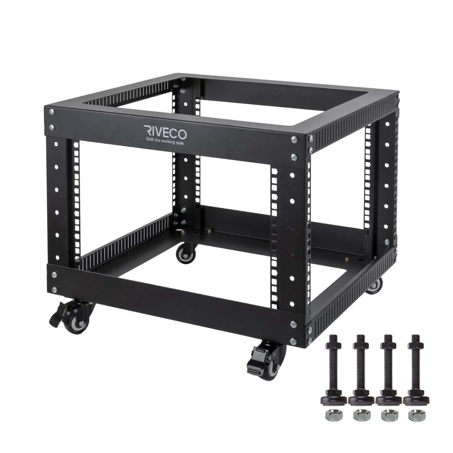 RIVECO 6U Open Frame Server Rack with Wheels- Heavy Duty 4 Post Quick Assembly 19-inch Support 600KG Equipment Home Network Cabinet Black