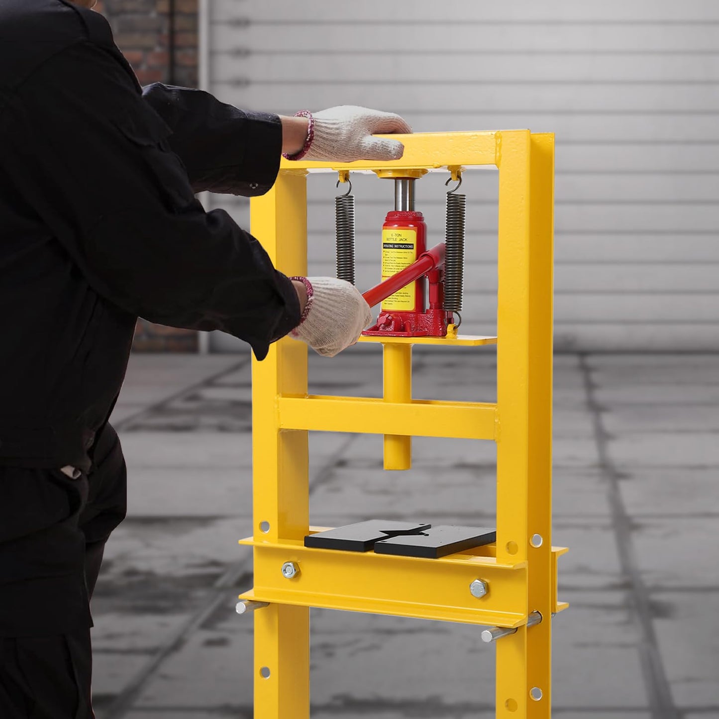 GarveeTech Hydraulic Press 6 T Hydraulic Shop Press, H-Frame Garage Floor Benchtop Press Adjustable Shop Press with Plates, Adjustable Working Table Height, for Gears and Bearings, Yellow