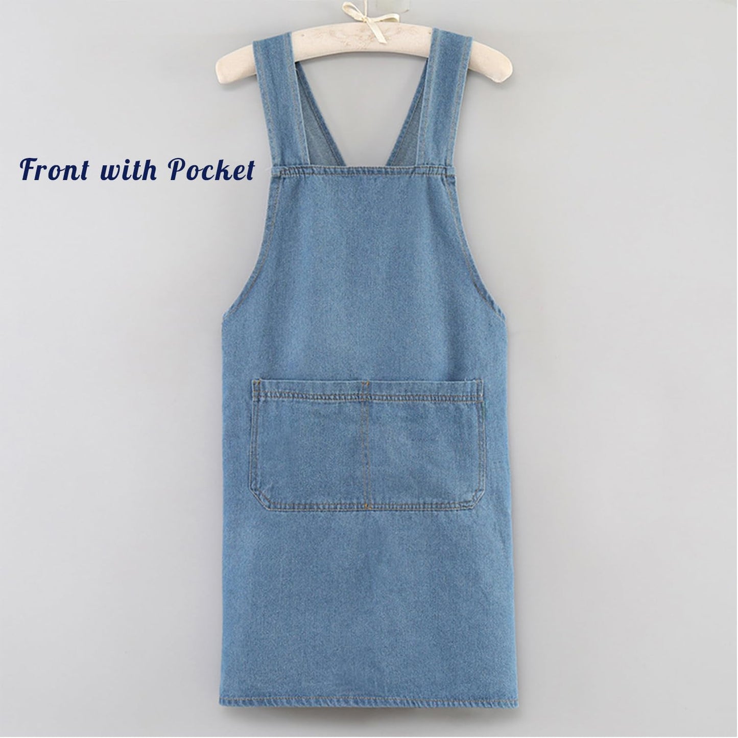 HIPINGSTORE Adult Jour Denim Apron with Front Pockets, Cross Back Aprons Lightweight, Durable & Stain-Resistant for Kitchen Cooking, Gardening, Gift for Women