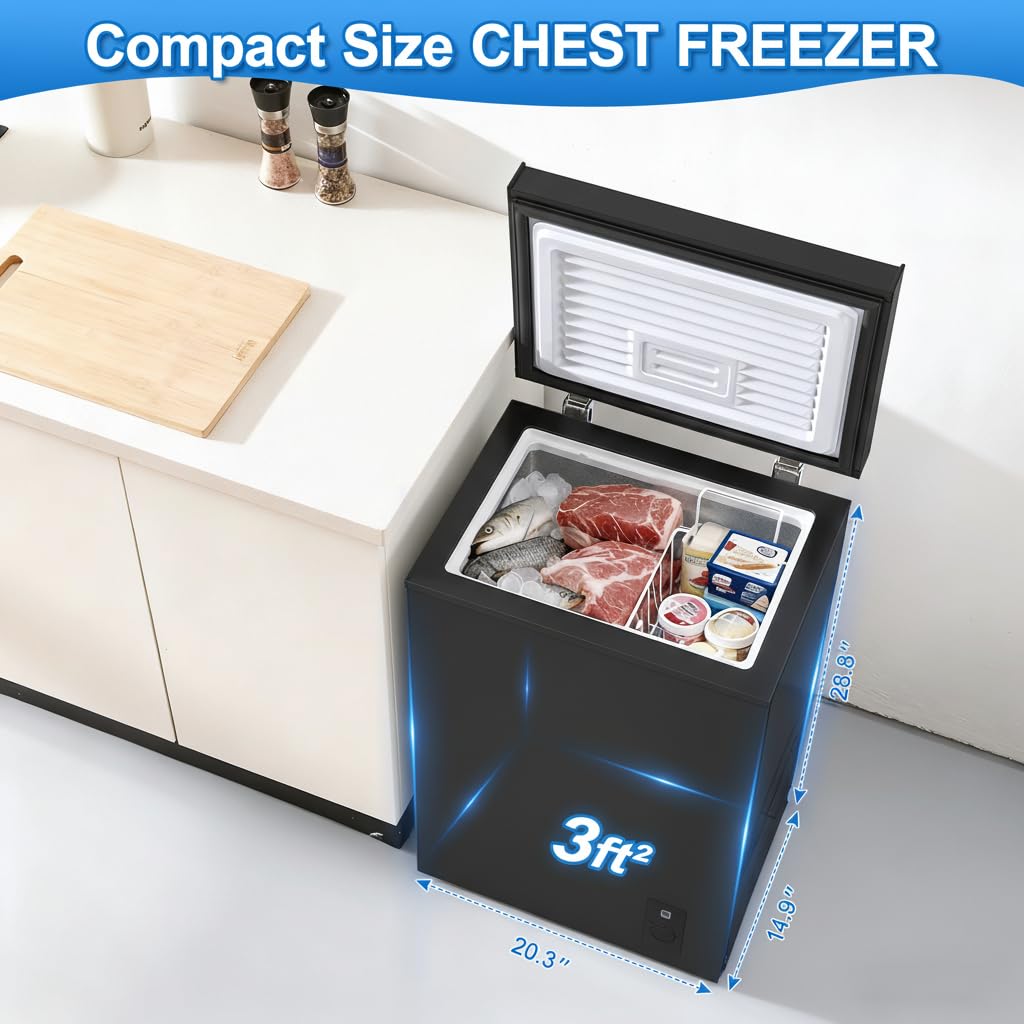 PLENTORA 3.5 Cu.Ft Small Chest Freezer Compact Deep Freezer with 7-Level Temperature Control, Rapid Cooling, Energy Efficient & Quiet for Home, Garage, Apartment, and Kitchen, Black