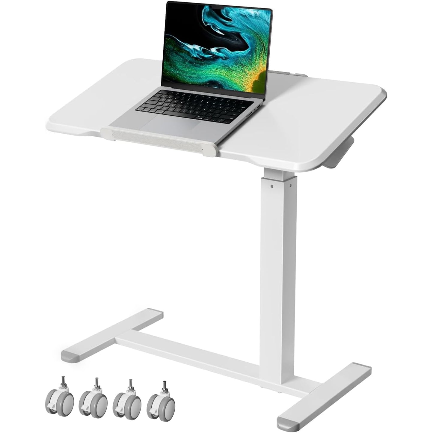 Gibbon Mounts 32inch Rolling Laptop Desk, 180° Tiltable Mobile Standing Desk Height Adjustable, Overbed Bedside Table, Portable Computer Desk with Lockable Wheels, Foldable Cart for Home Office, White