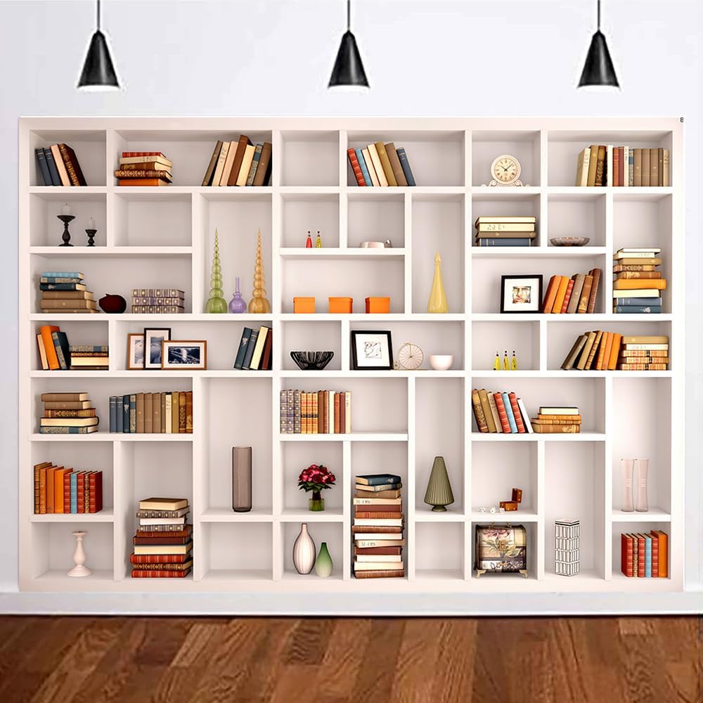 CGXINS 7x5ft White Bookshelf Office Backdrop Photo Backdrop Video Conference Zoom Backdrop Home Office Decoration