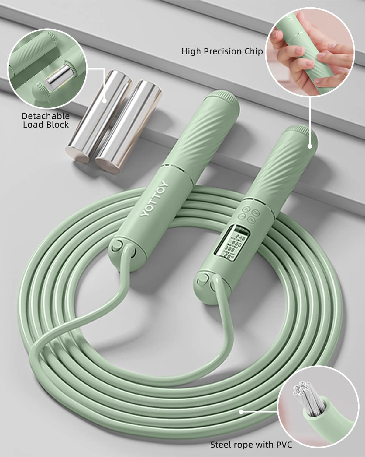 YOTTOY Cordless Jump Rope with Counter - Ropeless Jump Rope 2 In 1 with Large Cordless Ball-Weighted for Women with LCD Display (Green)