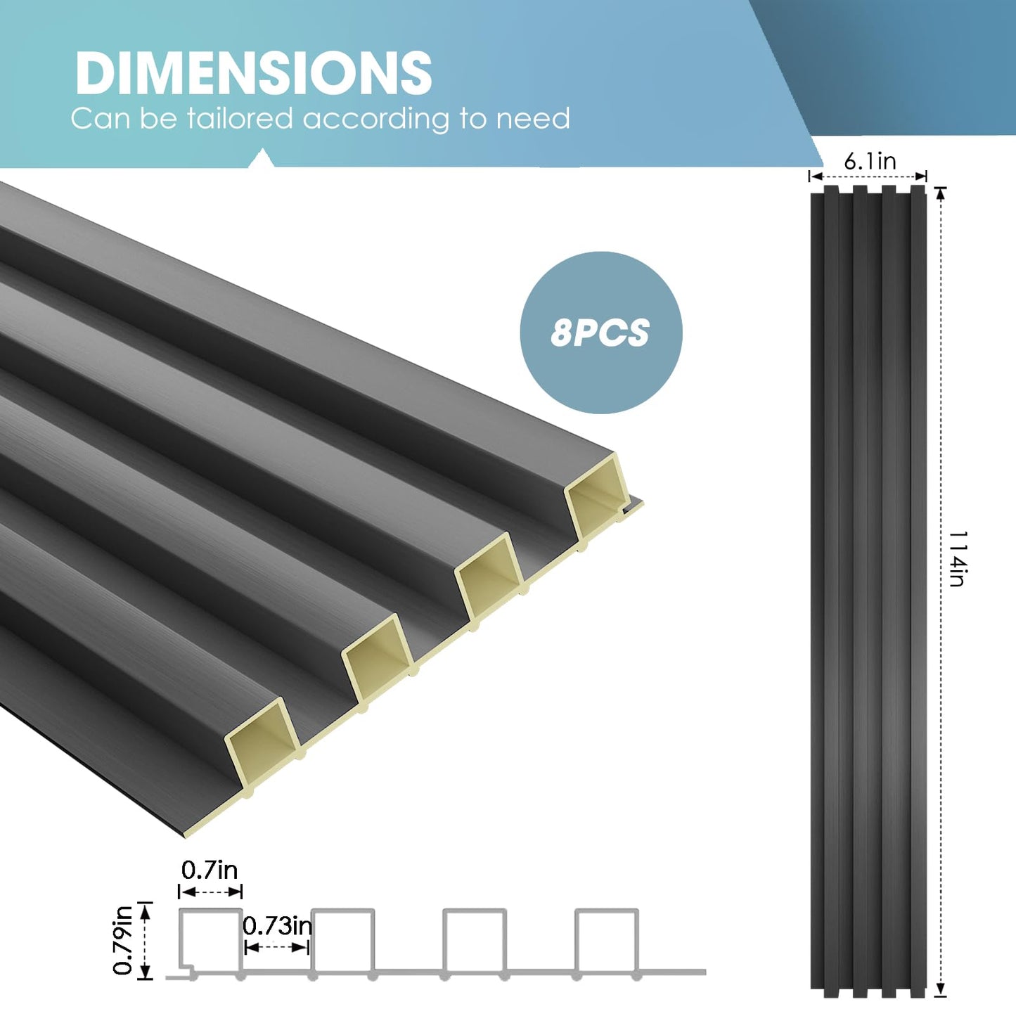 OUZUGIE WPC Acoustic Slat Wall Paneling, 8-Pack 114 x 6 Inches 3D Wall Panels for Interior Wall Decor,Living Room,TV Background,Study Room,Office Spaces,Bedroom,High Grille (Metallic Dark Gray)