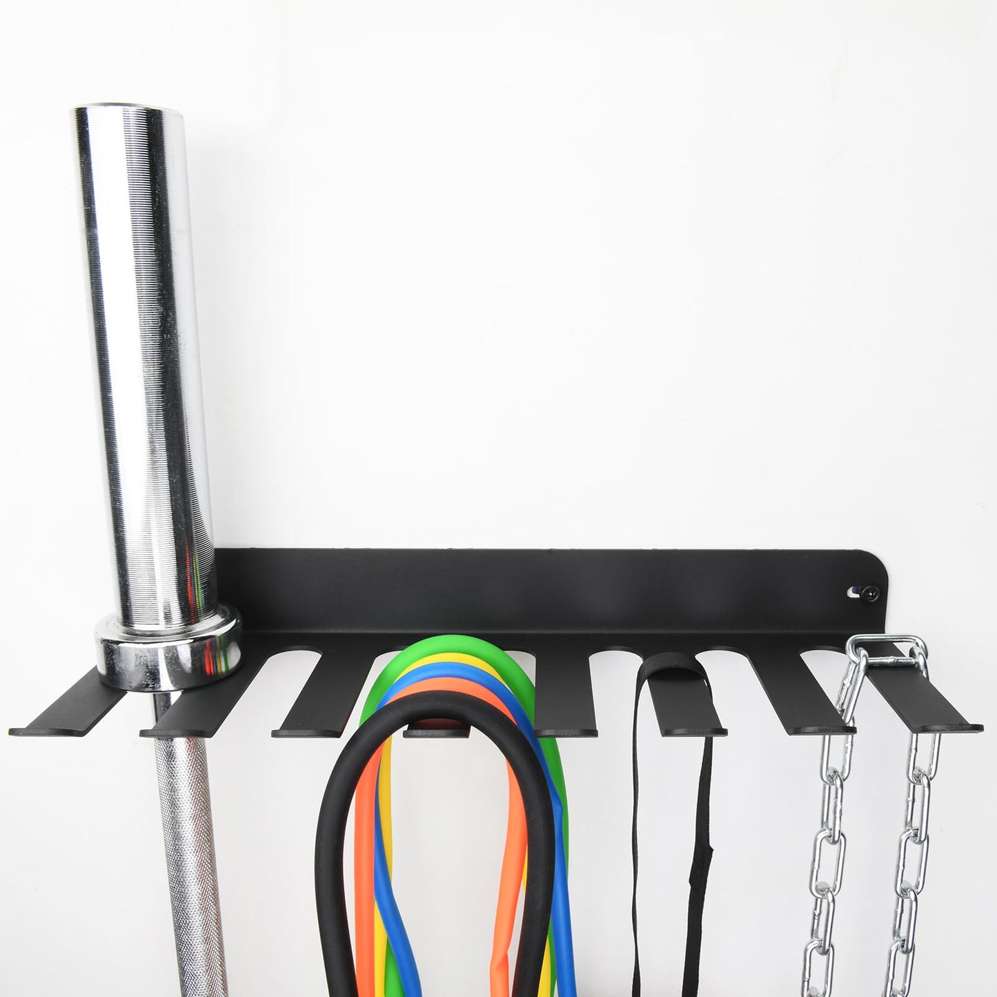 Performance Seven Bars Holder Storage,Custom Powder Coated HEAVY-DUTY STEEL Mount Wall Rack Storage Rack,Weight Room Organizer with 8 Wall Hooks for Exercise Bands Jump Ropes Chains Lifting Belts 3mm Black 8 Tooth
