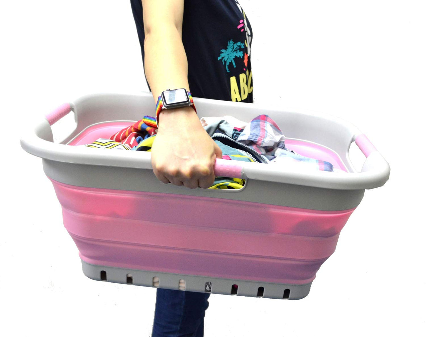 SAMMART 41L (10.8 gallon) Set of 2 Collapsible 3 Handled Plastic Laundry Basket-Foldable Pop Up Storage Container/Organizer-Space Saving Hamper/Basket (2, Grey/Pink)