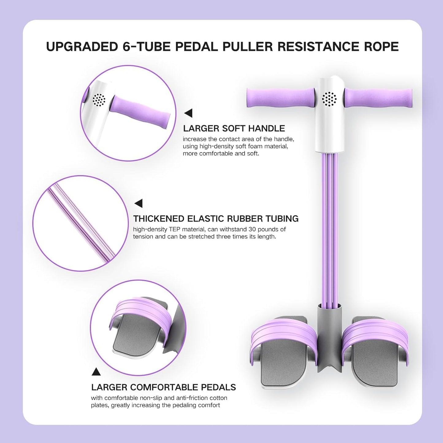 Smart Foot Pedal Puller with Digital Counter and Handles, 6-Tube Resistance Band for Yoga, Full Body Stretching, Home Workout-Purple