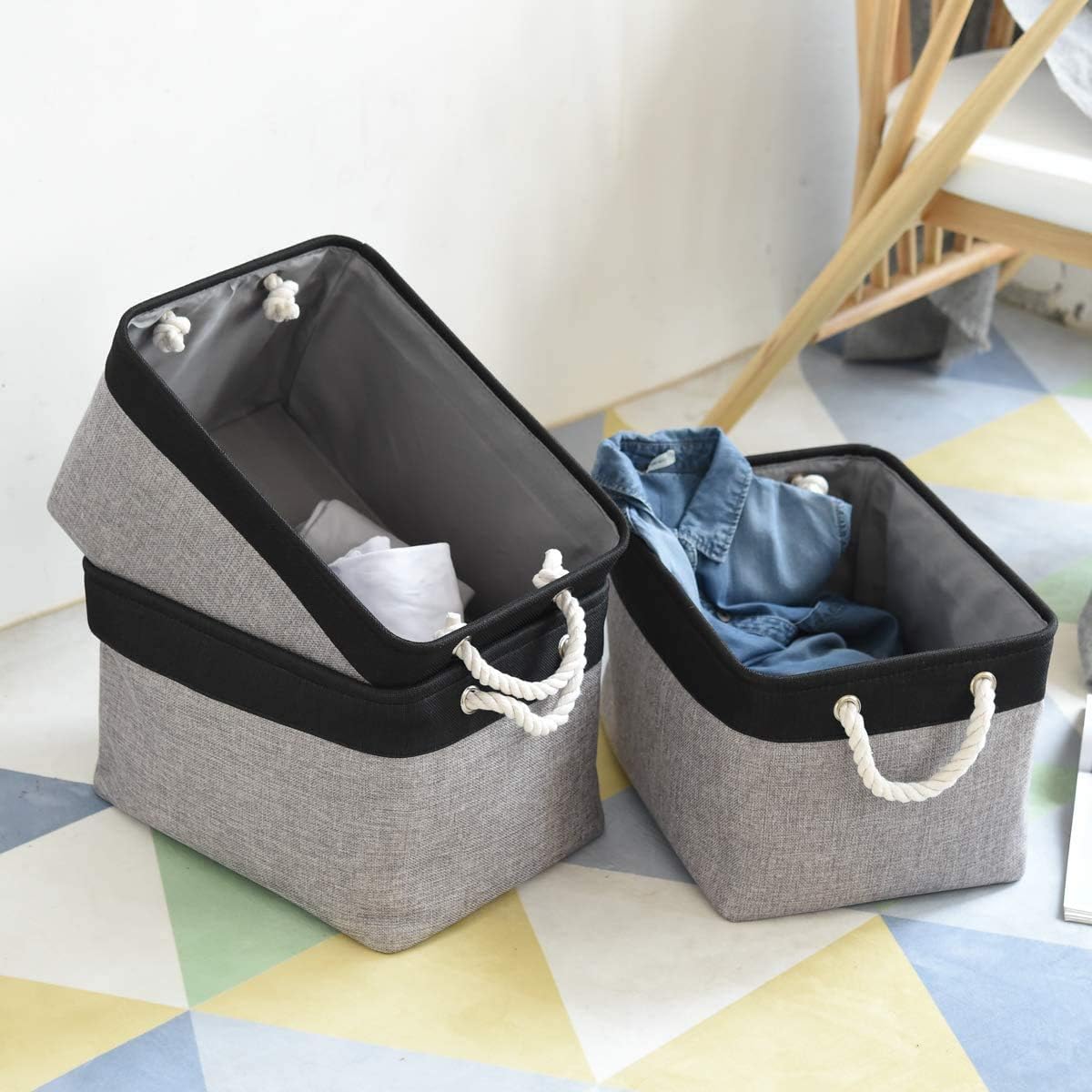 TheWarmHome Collapsible Storage Bins - Large 3-Pack Fabric Organizers with Rope | 16x12x8 Inch (Black & Grey)