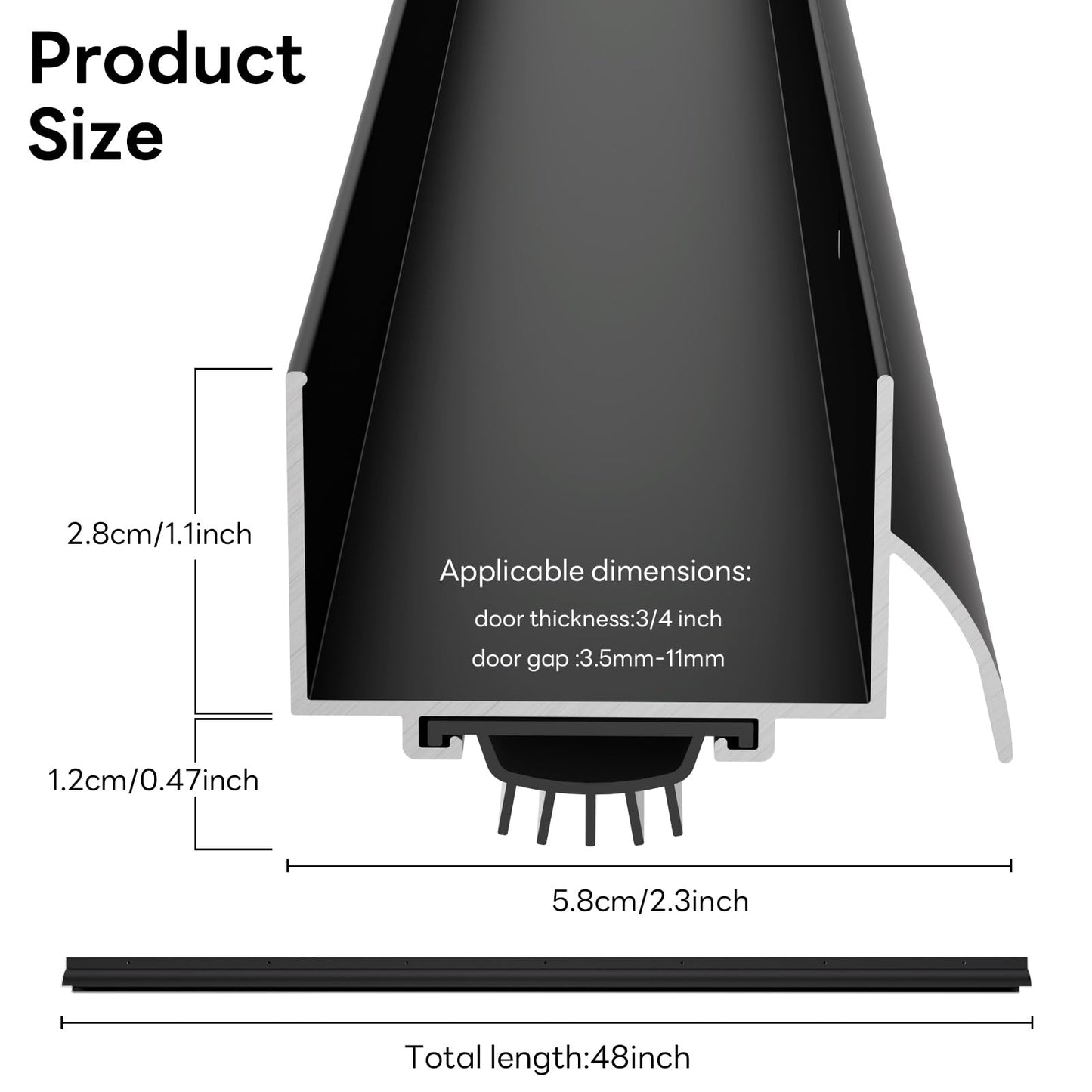 Heneymo 1-3/4" x 48" U Shaped Door Bottom Sweep with Drip Cap, Aluminum Weather Stripping Seal, Metal Screw-on Under Door Seal for Exterior Doors (Black, 1 Pack)
