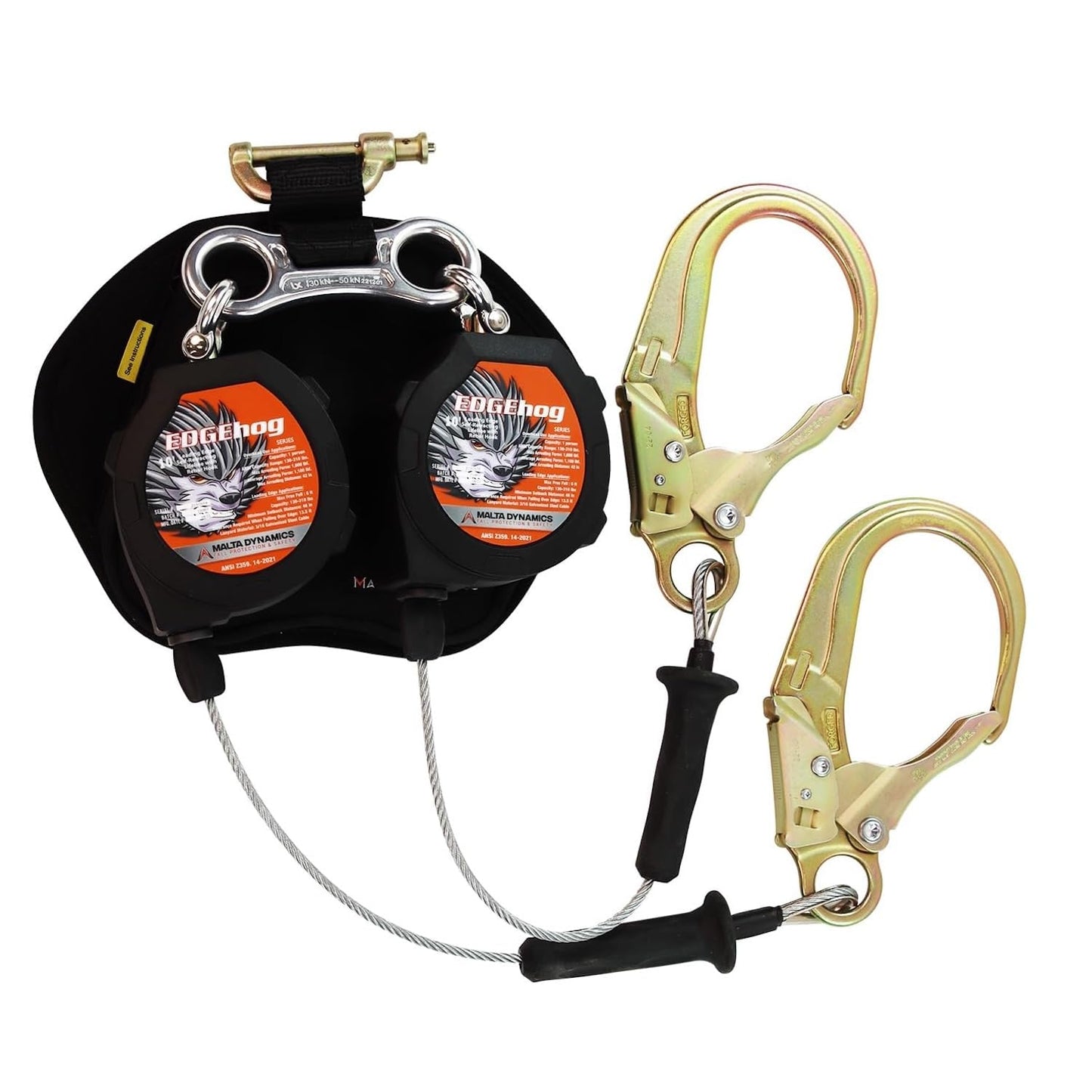 Malta Dynamics Edgehog Leading Edge 10 ft. Self-Retracting Lifeline (SRL) with Snap Hook | Galvanized Steel Cable Lifeline | ANSI Z359.14-2021 | 310 lb. Capacity (Dual Leading Edge 10' W/Rebar Hook)