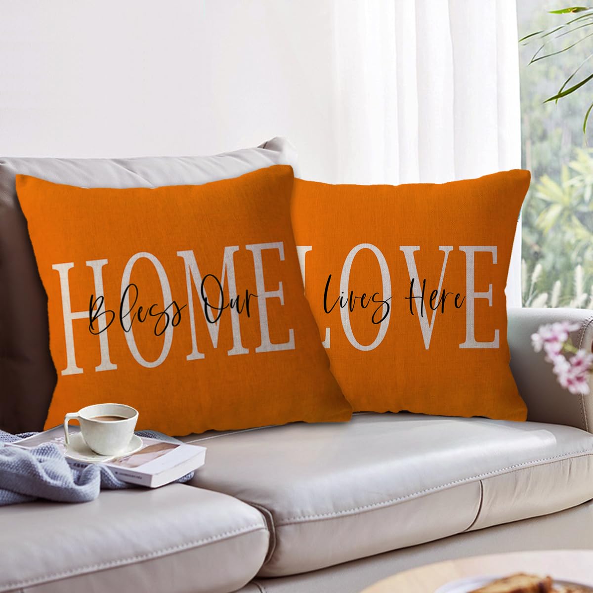Bless Our Home Throw Pillow Covers 18x18 Double-sided Printed Farmhouse Geometric Dahlia Floral Pillowcases Modern Decorative Cushion Covers 4Pack for Porch Couch Sofa Decor (Orange)