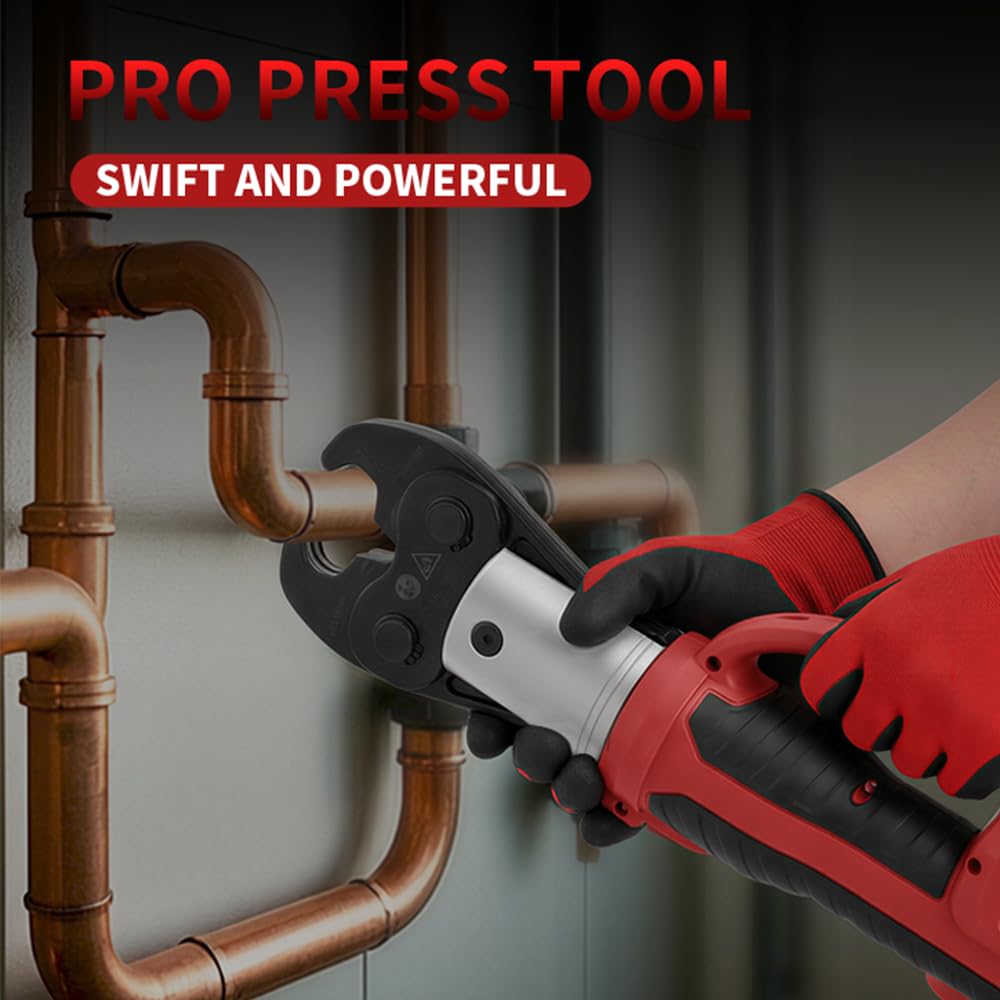ROGVOC Electric Pipe Crimping Tool Kit with 6 Pro Press Jaws, Pro Press Tool for 1/2 to 2 inches Copper Pipes and Stainless Steel Pipes, 2pcs 4 Ah Battery and Charger, Carrying Case Included, Red
