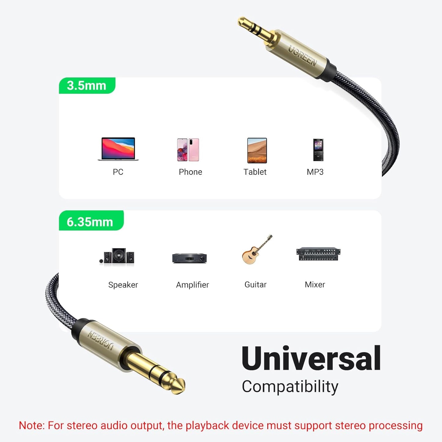 1/8 1/4 3.5mm 6.35mm 10FT UGREEN to Stereo Cable TRS to Audio Cable Guitar to Aux Male Cord with Zinc Alloy Housing