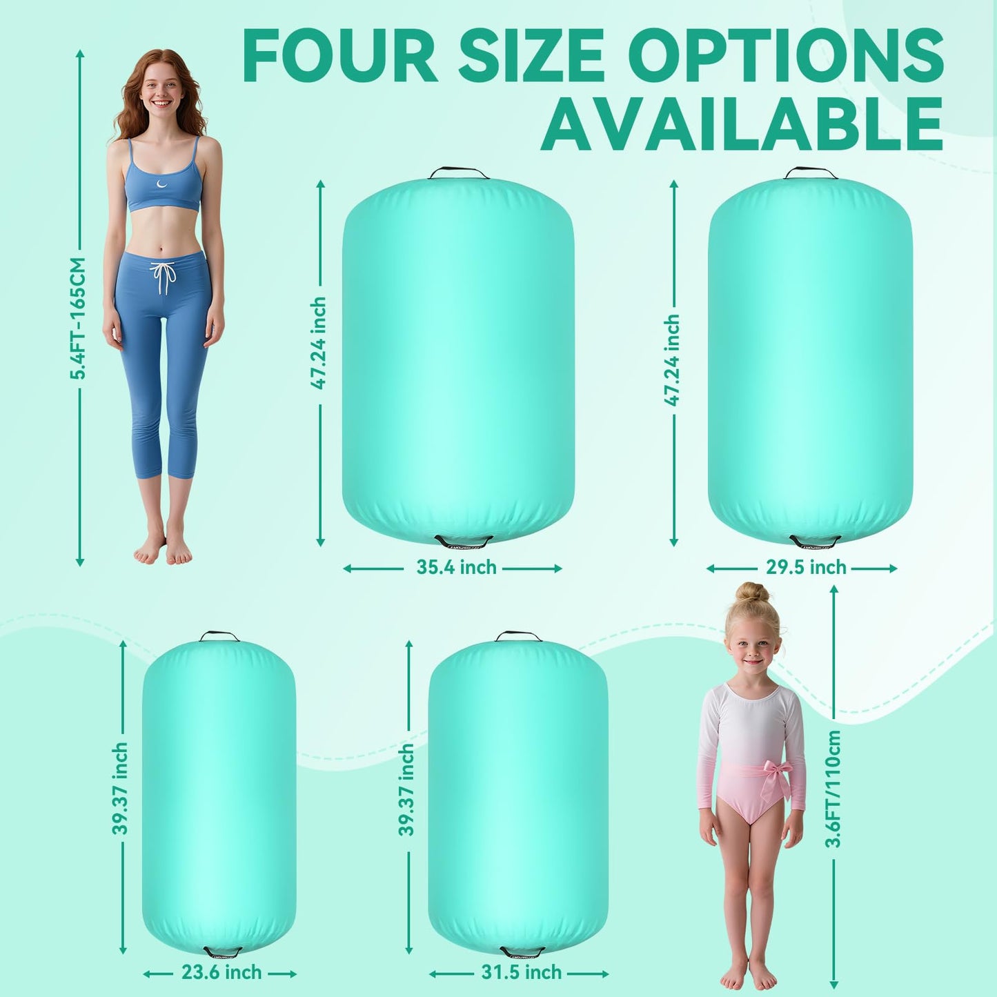 FBSPORT Air Roller Gymnastics Barrel, Inflatable Gymnastics Air Roller Inflatable Air Gymnastics Mat with Electric Pump for Yoga Cheerleading Training Home Outdoor Use (47x30inch Green)