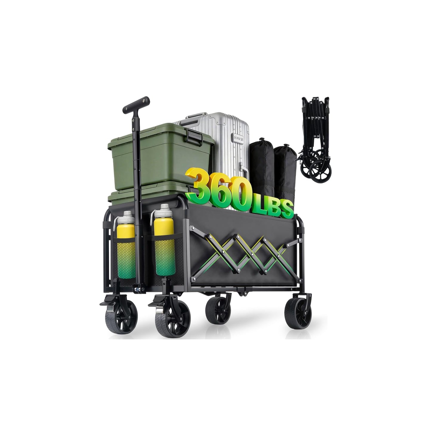 Collapsible Wagon Cart with Wheels Foldable - 360lbs Heavy Duty Folding Cart Utility Lightweight Portable Wagons with 360°Swivel Brakes Wheels for Groceries Shopping Beach Camping Garden