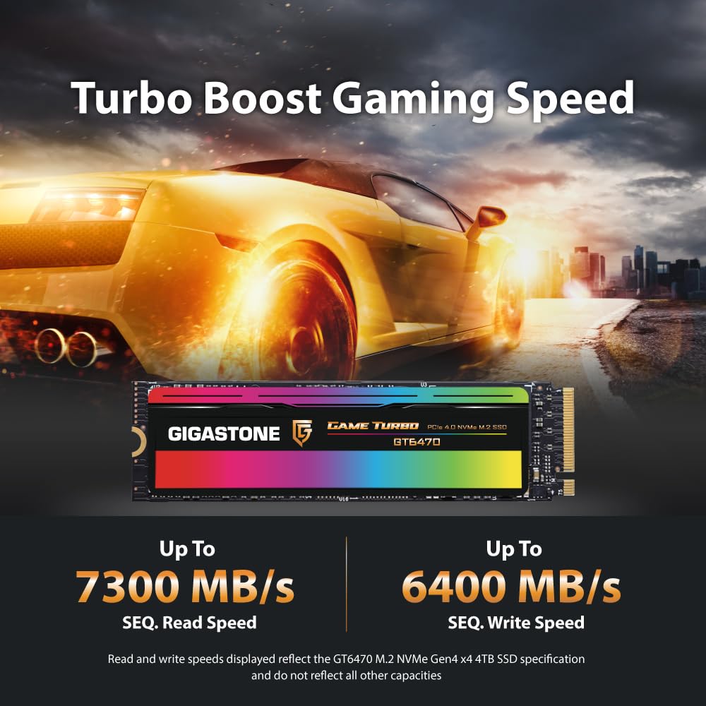 Gigastone Game Turbo PCIe Gen4x4 SSD 4TB, Speed Up to 7,300MB/s with SLC Caching Gaming/PC/Desktop/Laptop 5-Year Warranty M.2 NVMe PCIe 4.0 2280 Internal Solid State Drive