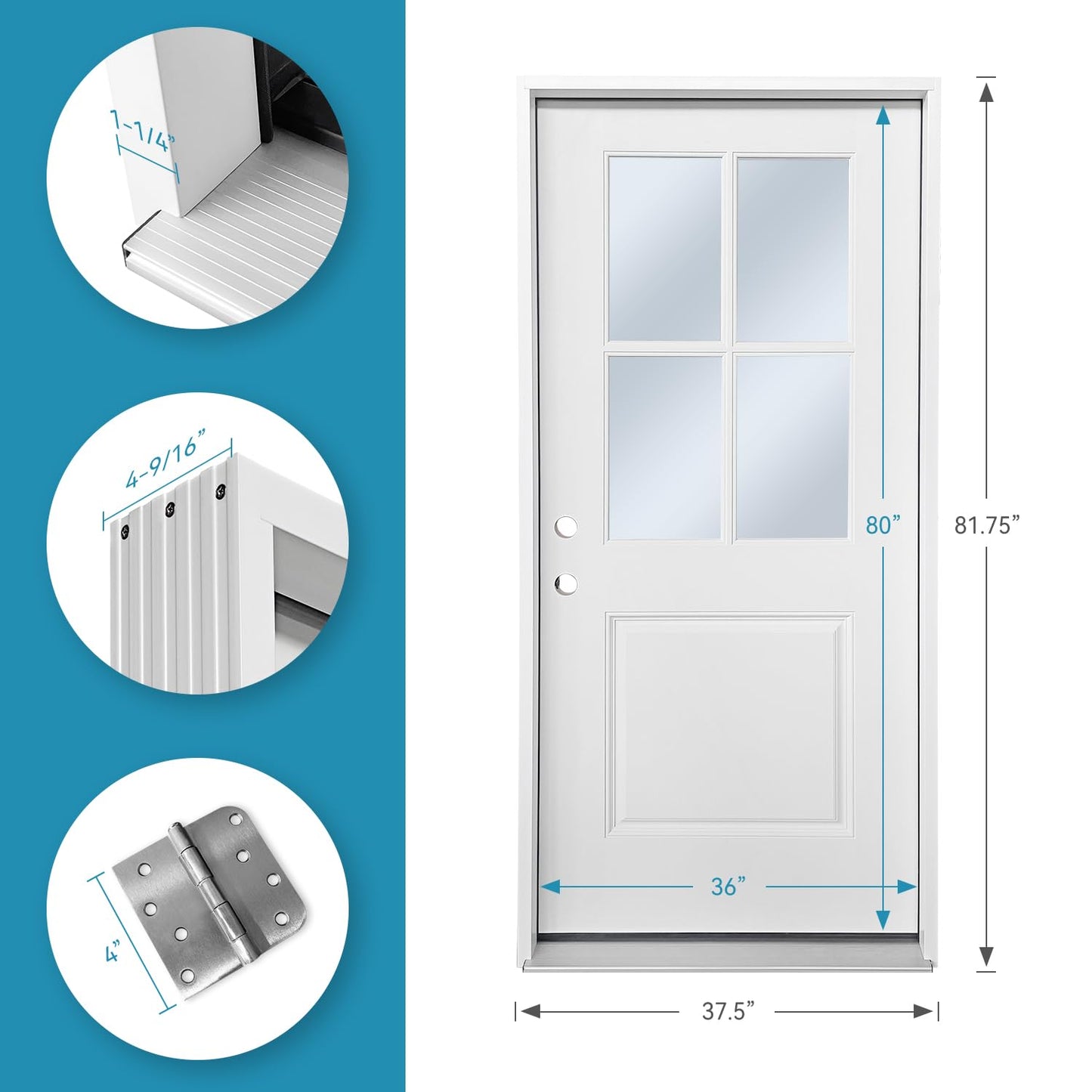 36 x 80 Inch Prehung Fiberglass Front Door, 4-Lite Clear Glass, White Primed Exterior Entry Door, All-Weather Resistant, Right Hand Inswing