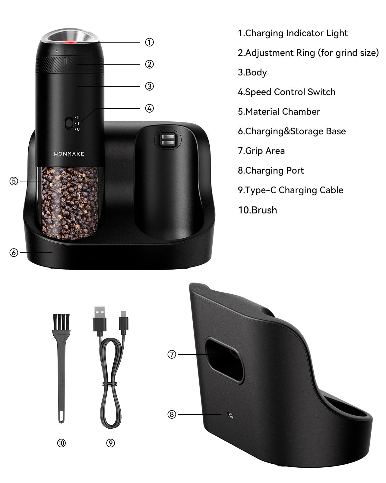 WONMAKE Gravity Electric Salt and Pepper Grinder Set with Charging Base, Automatic Salt and Pepper Mill, 6-Level Adjustable Coarseness, Dual Speed, and Large 5.95oz Capacity