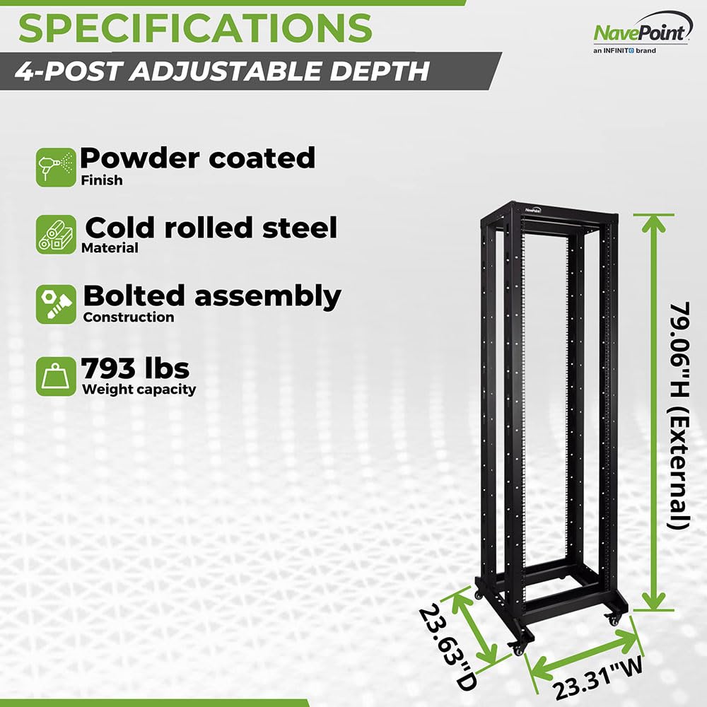 NavePoint 7ft Open Frame 19 Inch 42U 4-Post Network Server Relay Rack Rolling with Casters
