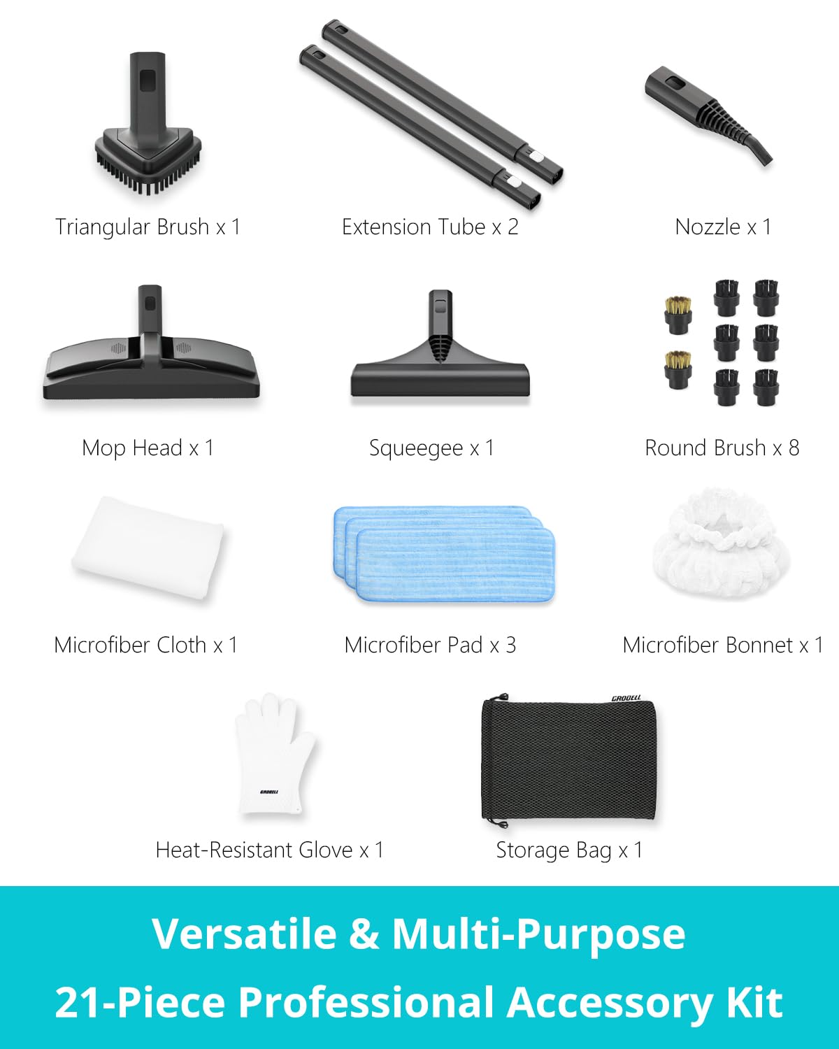 GROBELL Steam Cleaner: 40s Fast Heating-0.66Gal (2.5L) Large Tank-21 PCS Kit-No Cooling-Refill Anytime-Detachable Hose Multi Portable Steamer Mop for Home Car Bed Furniture Tile Grout Floor Cleaning