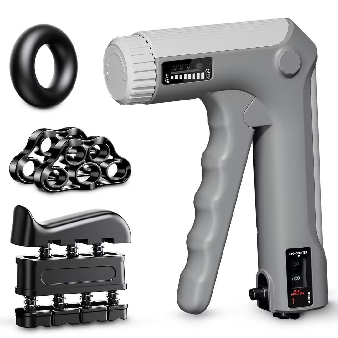 HICHOR Hand Grip Strength Trainer Kit - Hand Gripper Training Set with Adjustable Resistance 2 Finger Stretchers Extenders Finger Exerciser Forearm Workout Ring Exercise Equipment Accessories Gray