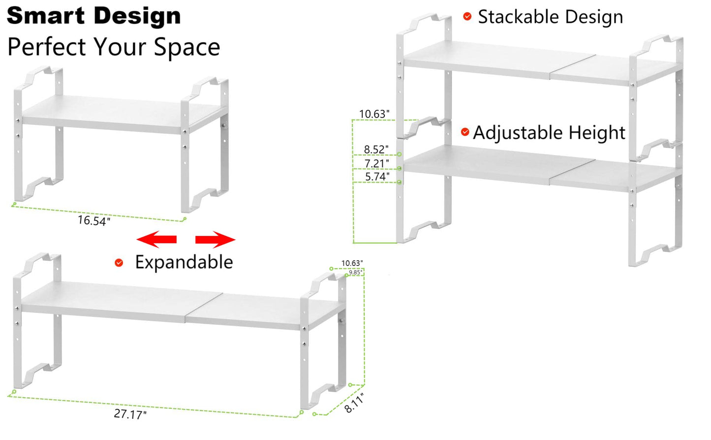 Jojocross Expandable Shelf for Cabinet Organizer Adjustable Stackable Spice Rack at Kitchen and Bathroom More, Counter Countertop Cupboard Organization Pantry Storage(LARGE/1PACK/WHITE)