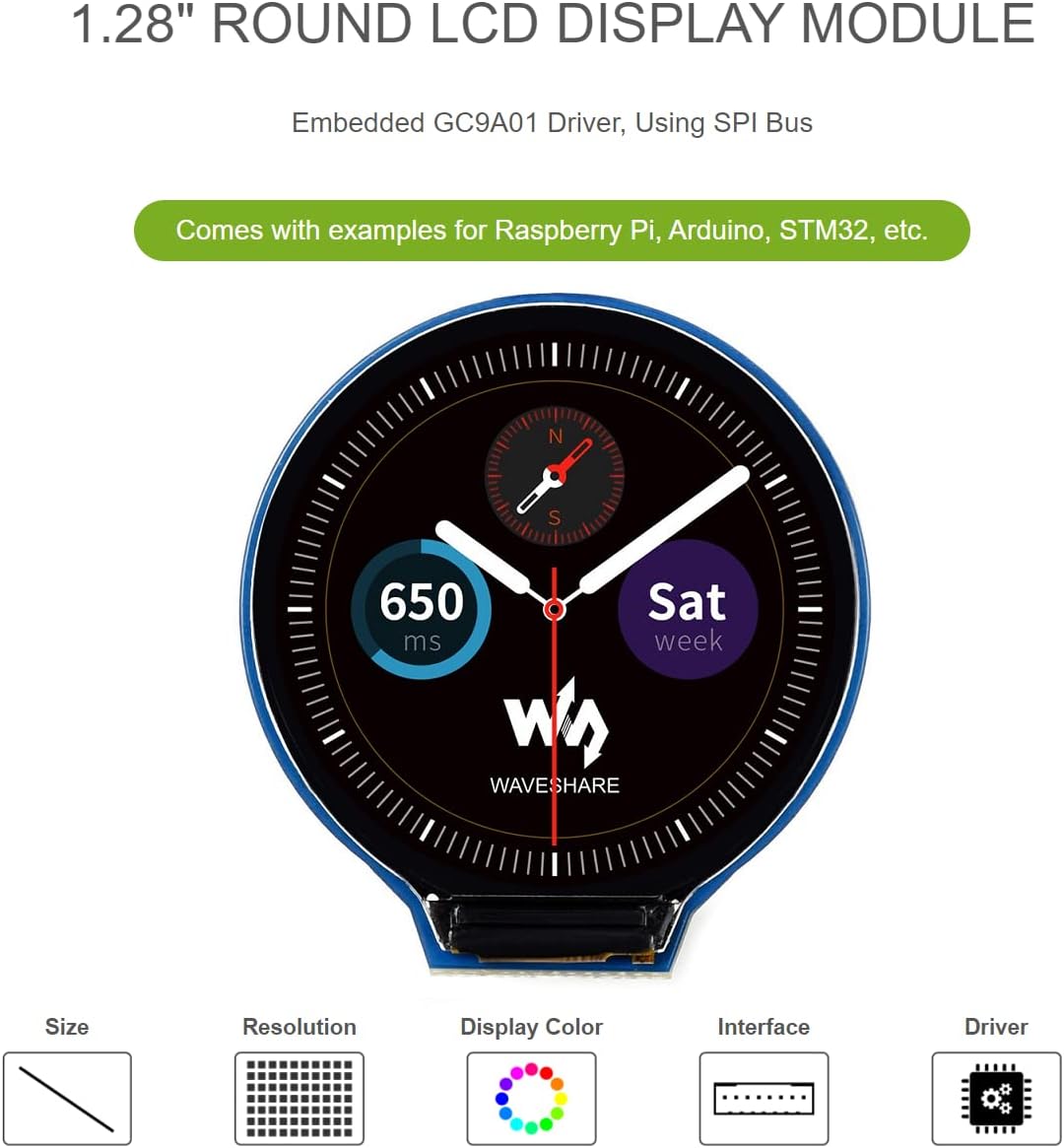 waveshare 1.28inch 240240 65K 4B/3B+/3B/2B/Zero/Zero STM32,Embedded GC9A01 Round LCD Display Module Resolution RGB LCD