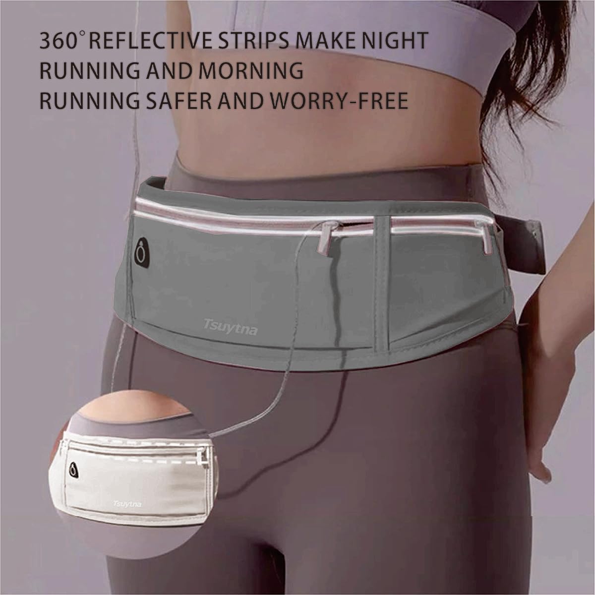 TSUYTNA Running Belt for Women & Men - Slim Phone running belt with Water-Resistant Phone Holder, 3 pockets Adjustable Waist Strap, Reflective Safety Design for Running, Hiking, Travel，Fitness (Grey)