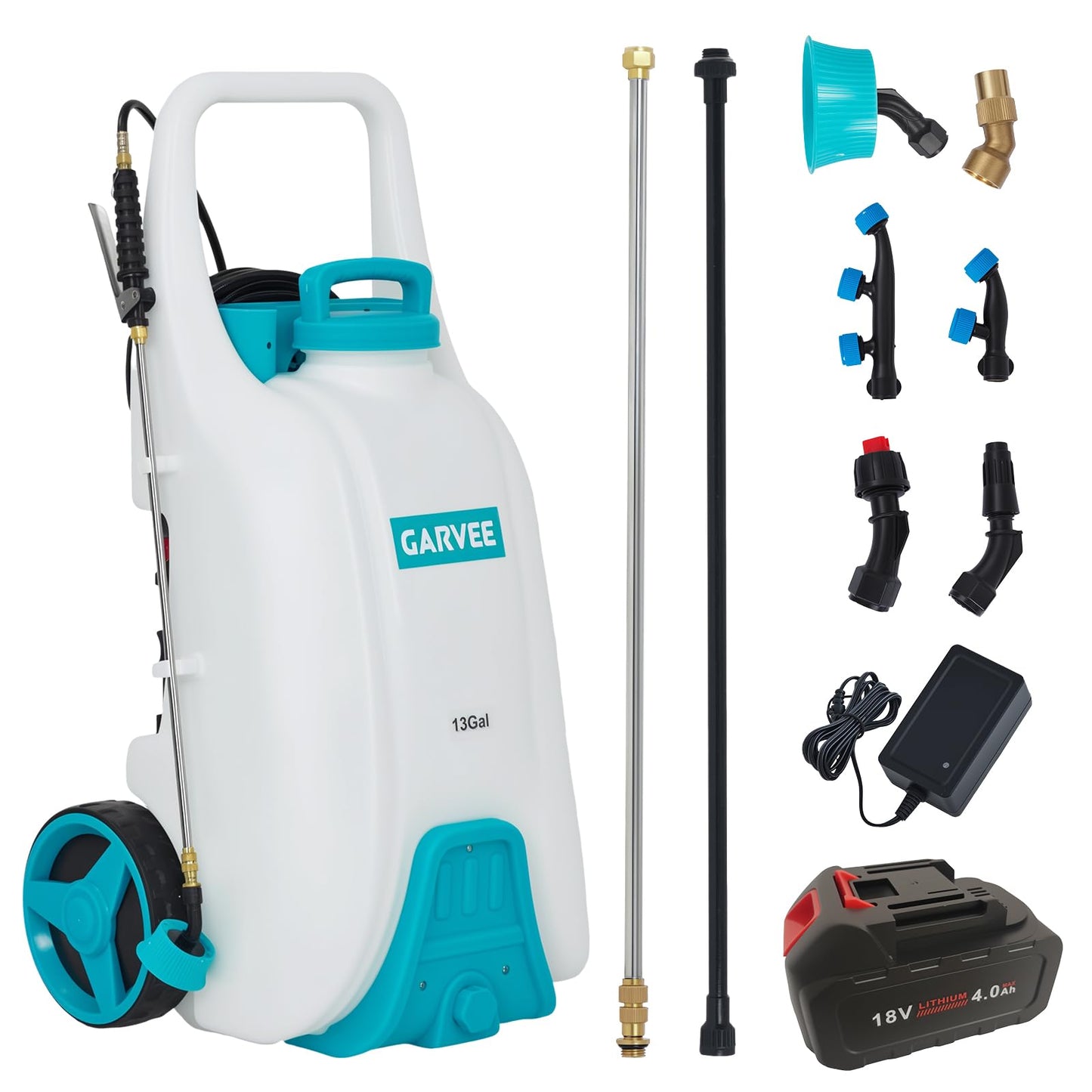 Garvee 13 Gallons Battery Powered Sprayer with Wheeled Cart, 18V 4Ah Electric Sprayer with 6 Nozzles & 2 Wands, 4-6 Hour Runtime, 80PSI Adjustable Pressure, Trigger Lock, Yard Sprayers for Lawn