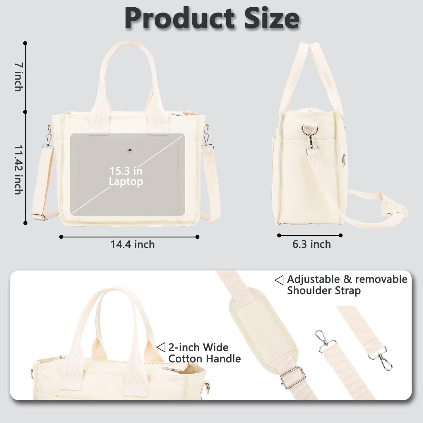 Fammart Large Canvas Tote Bag for Women with Zipper & Compartments, Crossbody Laptop Bags for Work College Travel