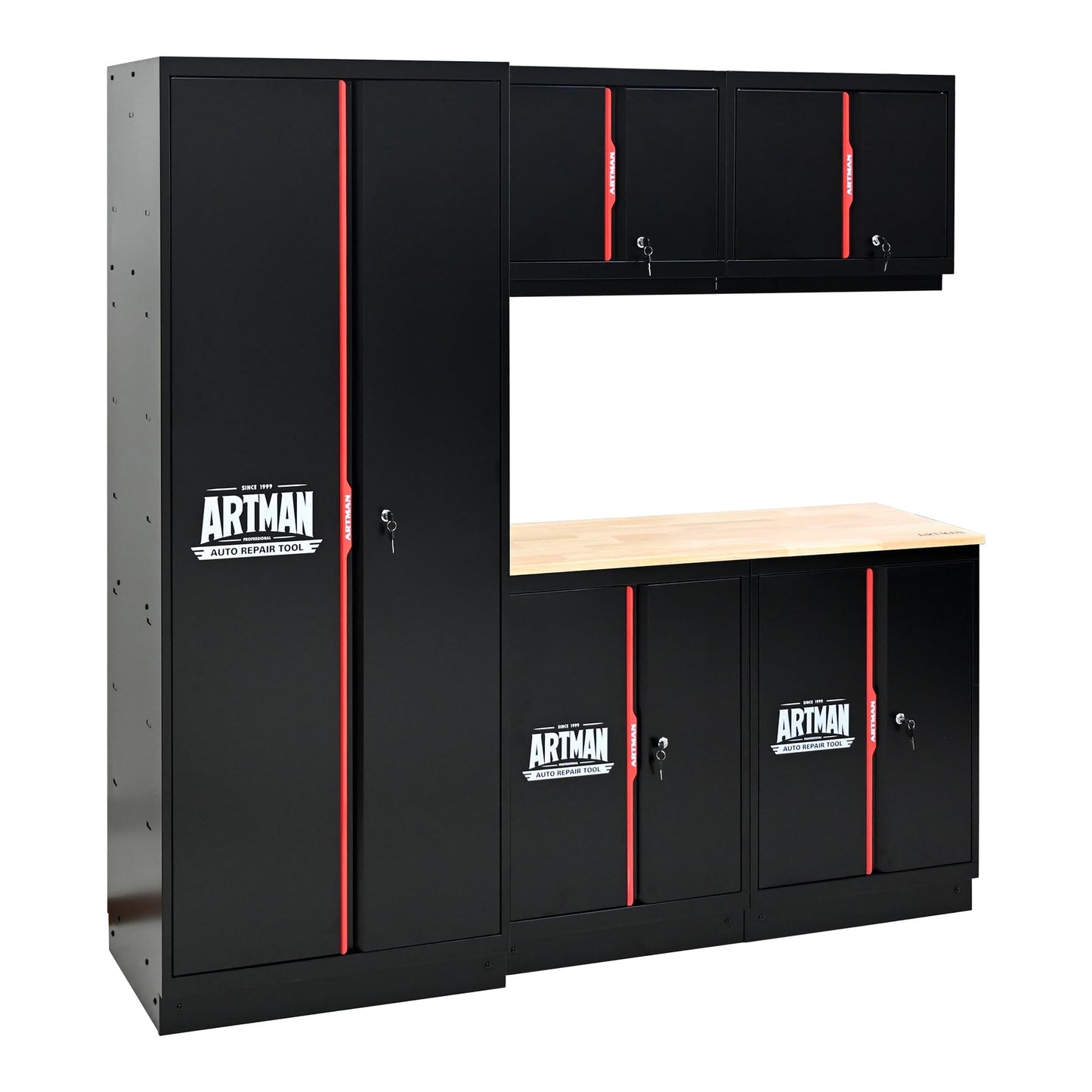 S.Walt Pre-Assembled Garage Storage Cabinet System, No Assembly Required, 6-Piece Workshop Cabinet Set in Black & Red with LED Lights, Wood Worktop, Key Locks, Adjustable Doors and Legs