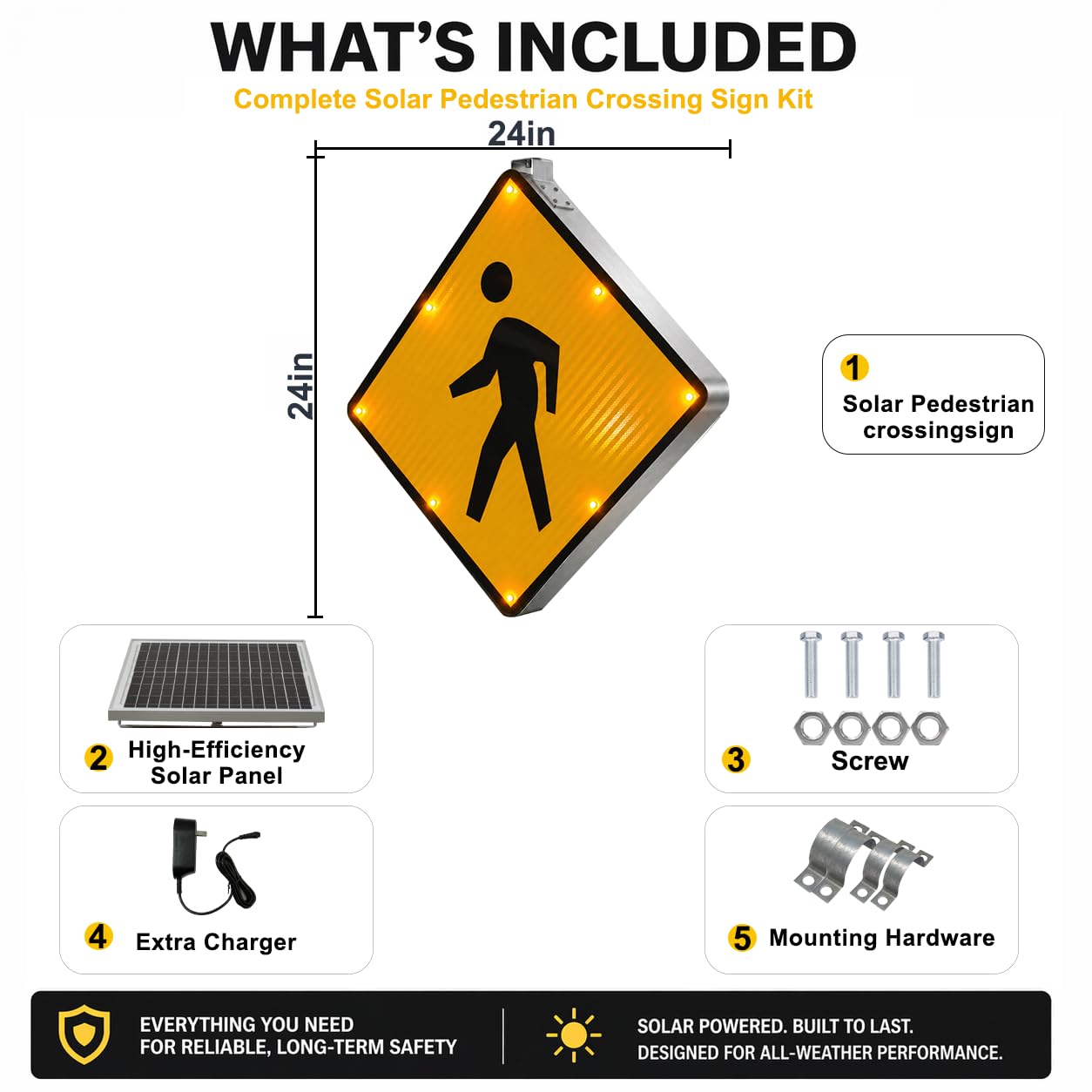GAJTTR 24" Solar Powered LED Pedestrian Crossing Sign, High Visibility Flashing Crosswalk Sign with 8 Blinking LEDs, Engineer Grade Reflective Film, Heavy Duty Aluminum Metal Frame for Schools, Driveways & Communities (Yellow)