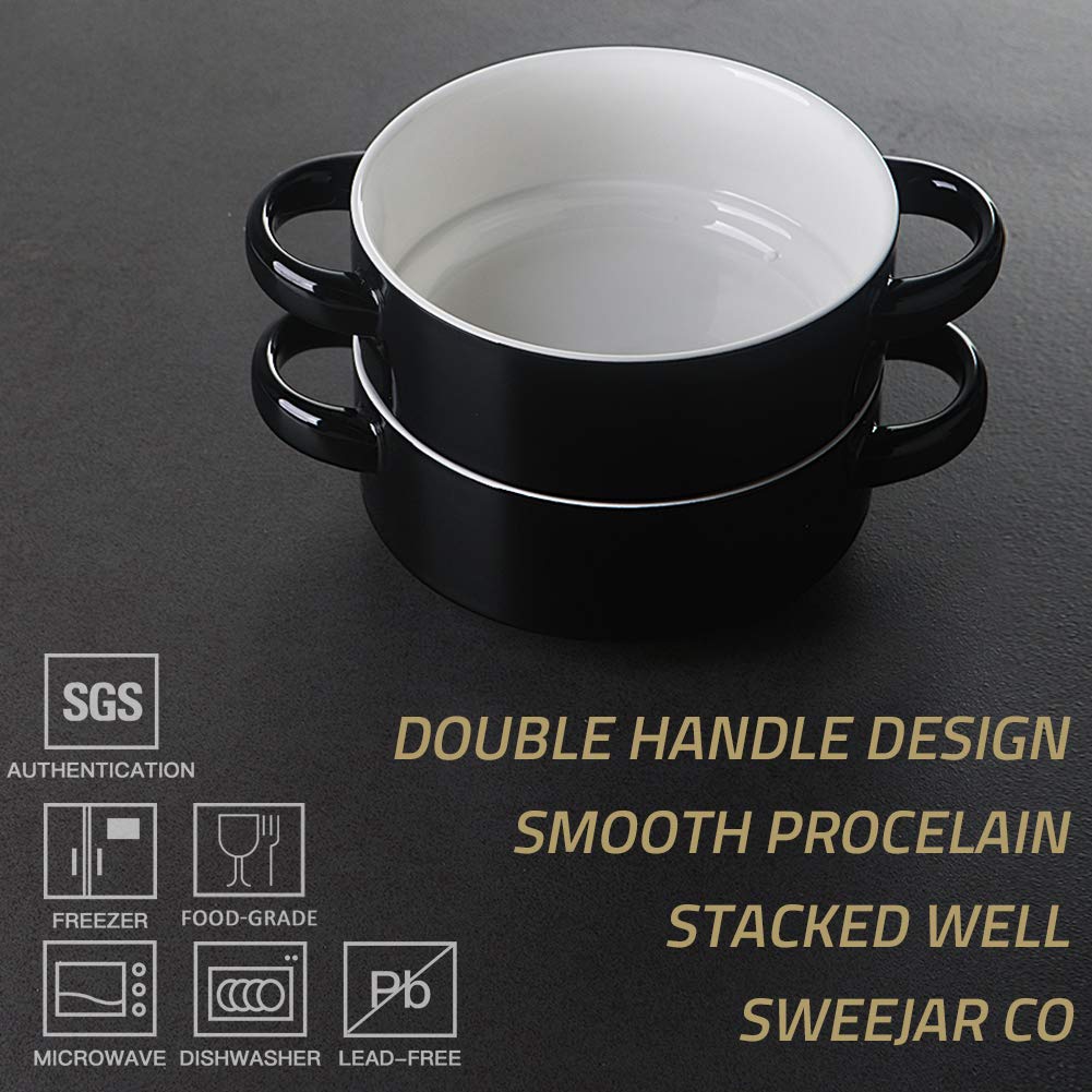 Sweejar Ceramic Soup Bowls with Double Handles, 20 Oz Stacked Bowls for French Onion Soup, Cereal, Pot Pies, Stew, Chill, Pasta, Set of 4 (Black)