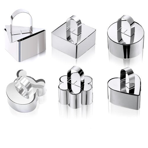 BAILIQI 6Pack Cake Rings Mould 3.15 inch, with Pusher Stainless SteelRound Square Flower Heart Triangle bear Dessert Mousse Cooking Baking Pastry Tool Crumpet Molds (Include 6 Rings and 6 Pusher)