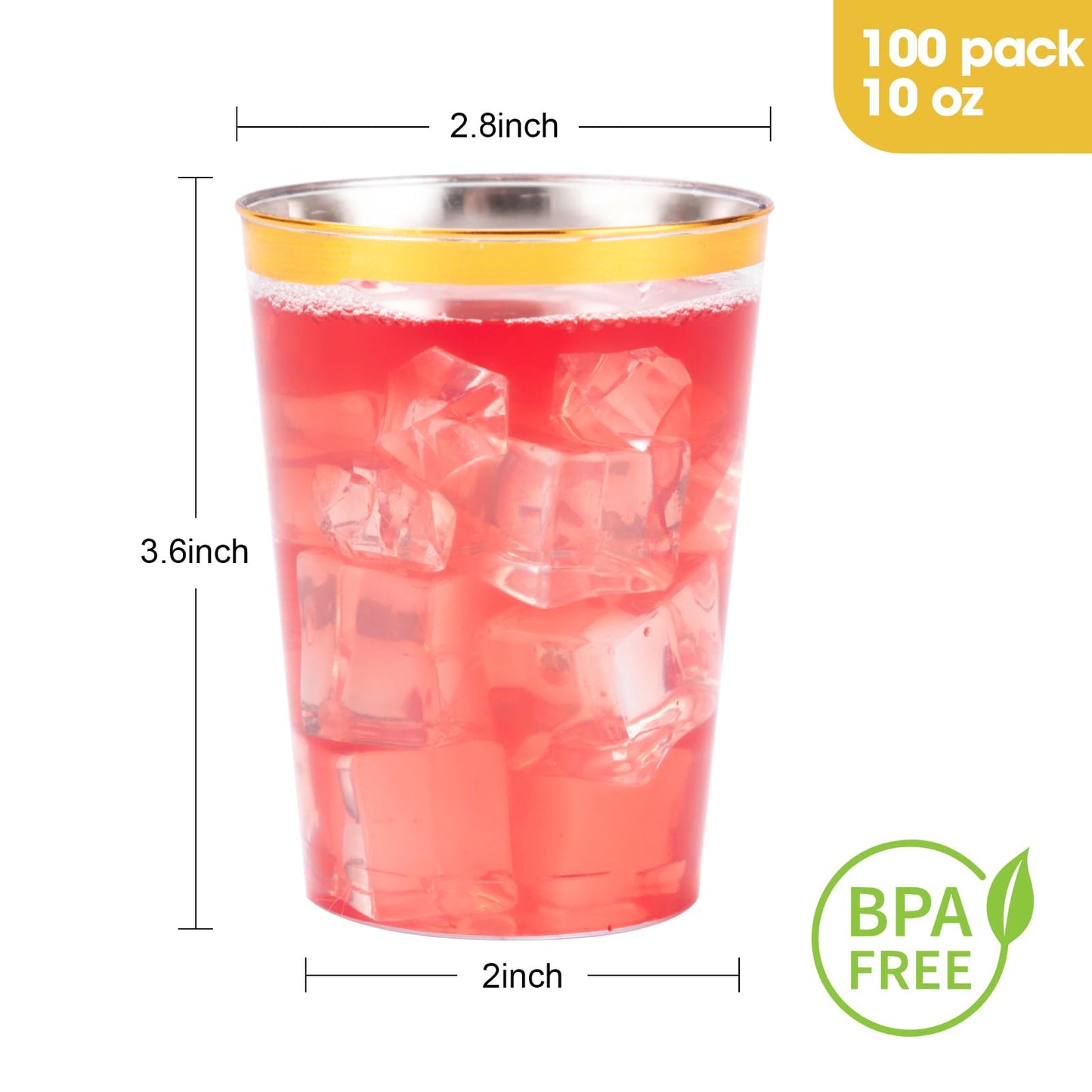 Goodluck 100PCS 10oz Gold Plastic Cups for Party, Disposable Gold Rim Cups, Plastic Cocktail Glasses for Wedding Thanksgiving, Christmas, and Parties