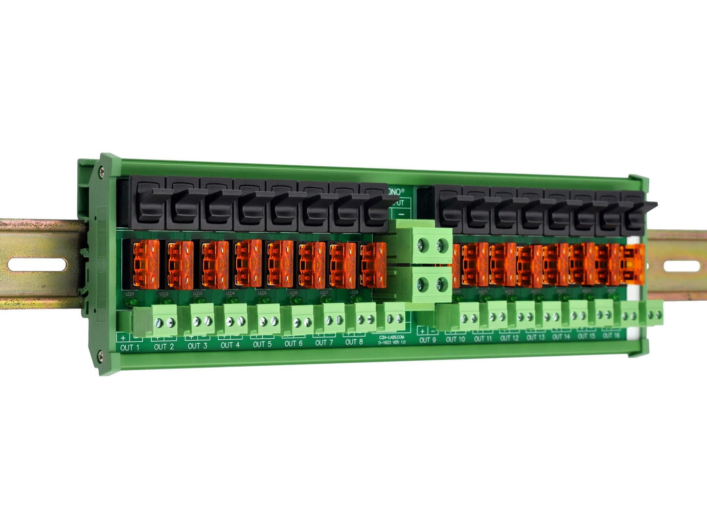 DC Power Distribution Module, Rocker Switch, Fused, Pluggable Top Wiring Terminal Block, DIN Rail and Screw Mount (16 Channel)