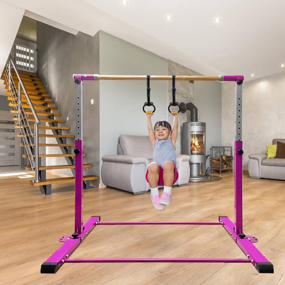 JC-ATHLETICS Gymnastics Bar for Kids Girls Ages 3-15 with Ring for Home Indoor Training Equipment- Steady Steel Construction, Anti-Slip, Easy to Assemble, 3' to 5' Adjustable Height
